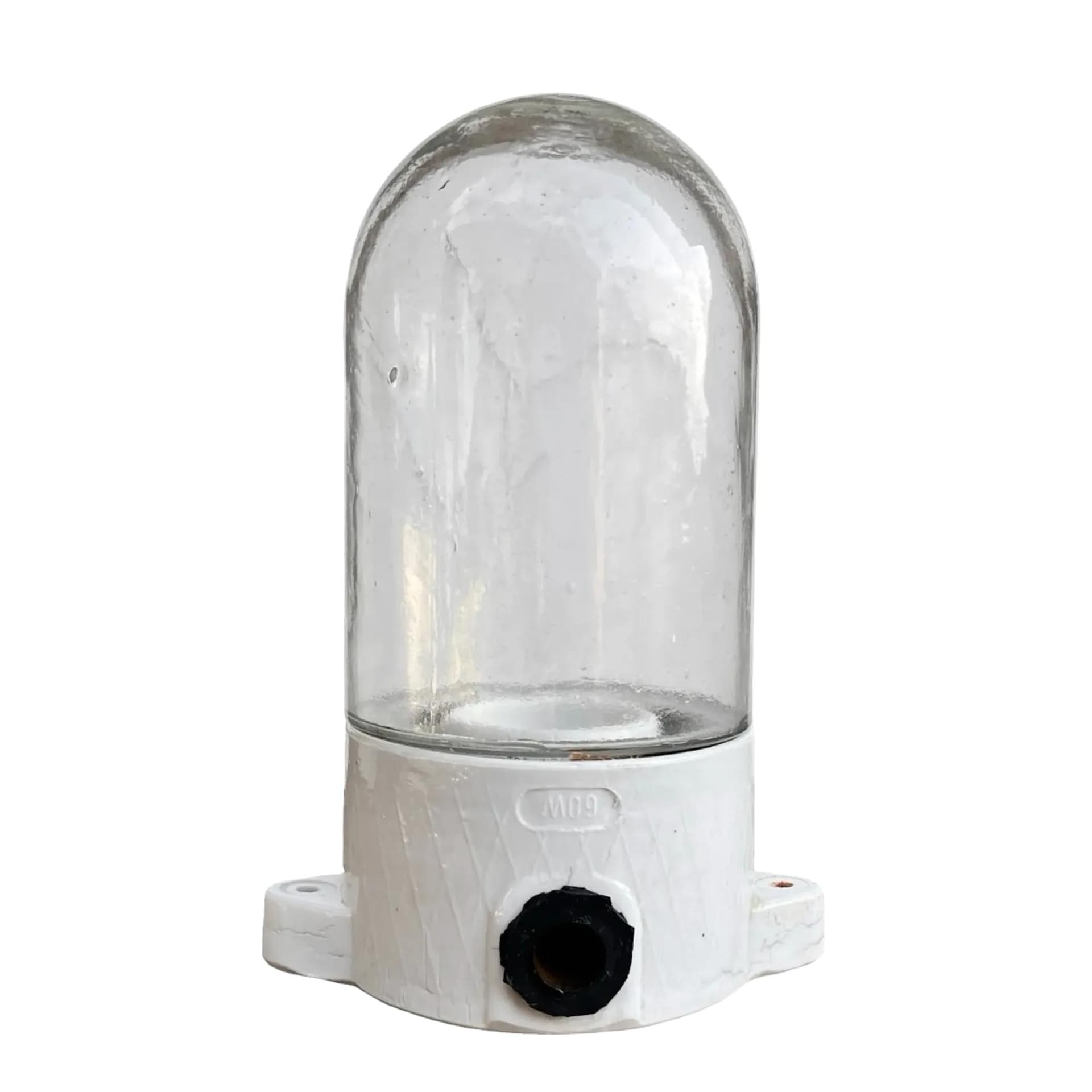 Kinkiet industrialny, przeźroczysty szkło, porcelit biały, Lindner & Co., Niemcy, lata 70.