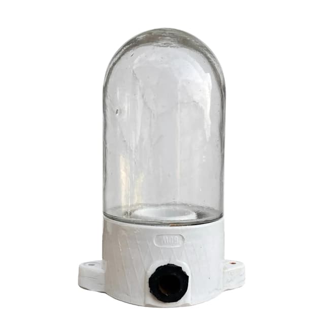 Kinkiet industrialny, przeźroczysty szkło, porcelit biały, Lindner & Co., Niemcy, lata 70. - WYMIARY