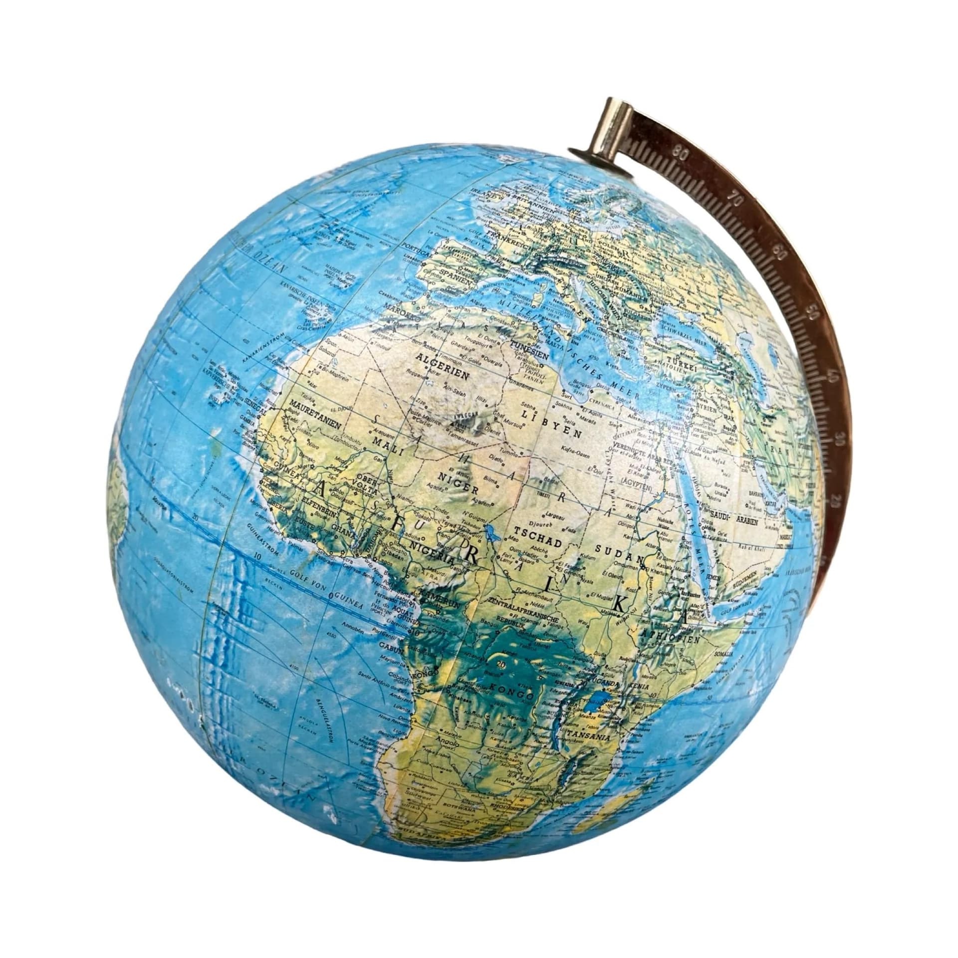 Lampa stołowa globus, multikolor, teak, plastik, mosiądz, Dania, lata 70. - 128034