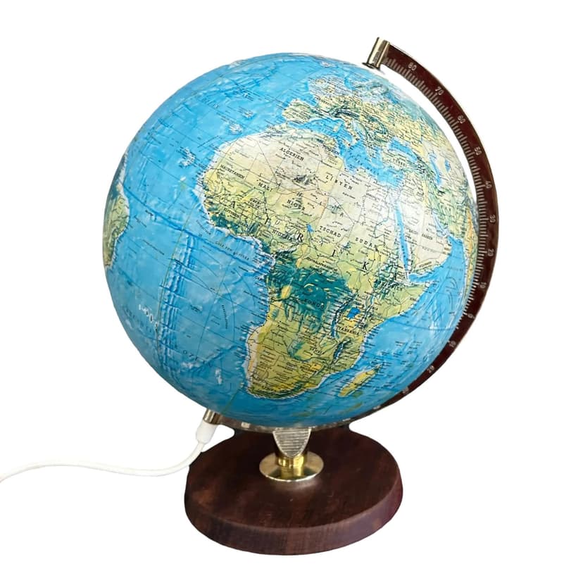 Lampa stołowa globus, multikolor, teak, plastik, mosiądz, Dania, lata 70.