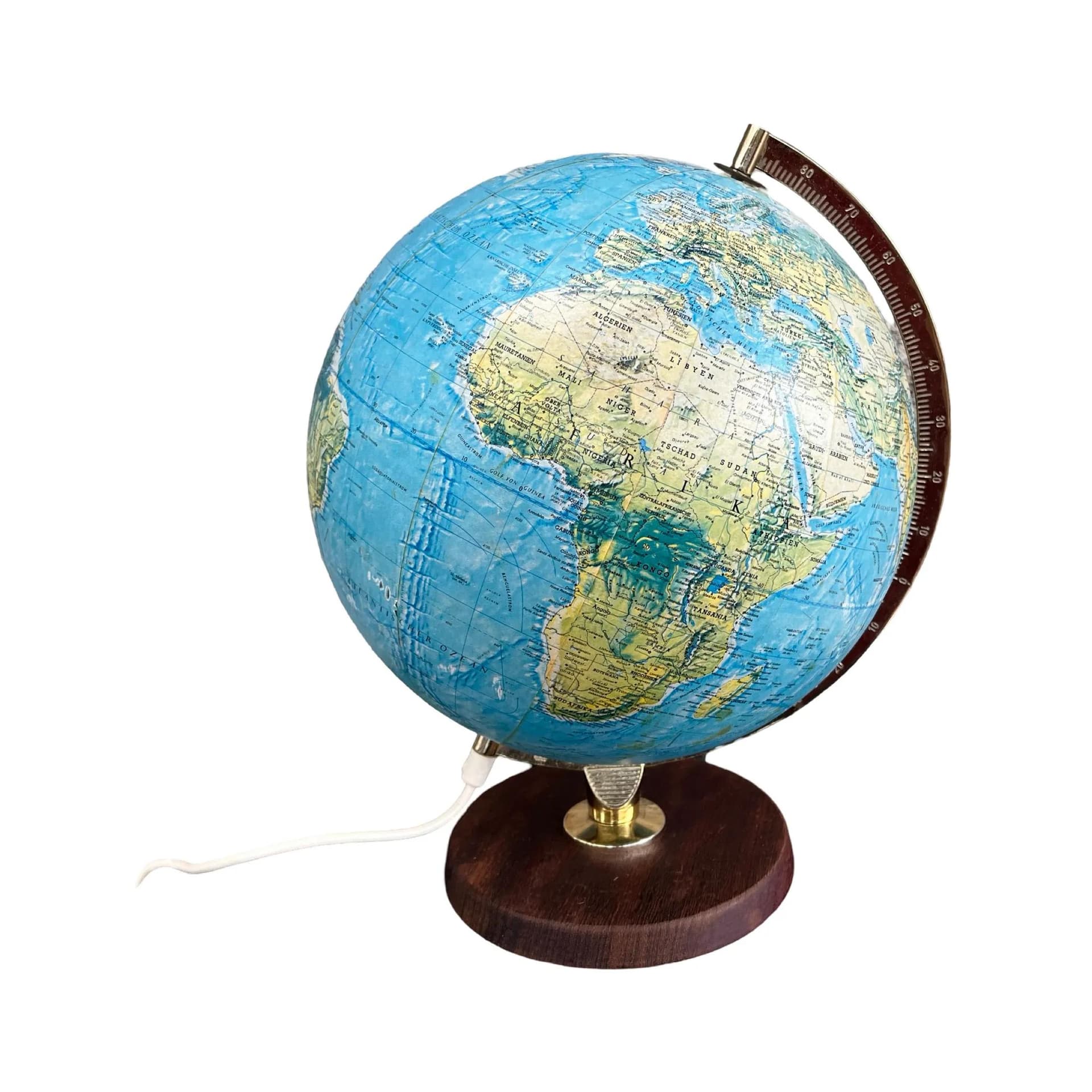 Lampa stołowa globus, multikolor, teak, plastik, mosiądz, Dania, lata 70. - 128035