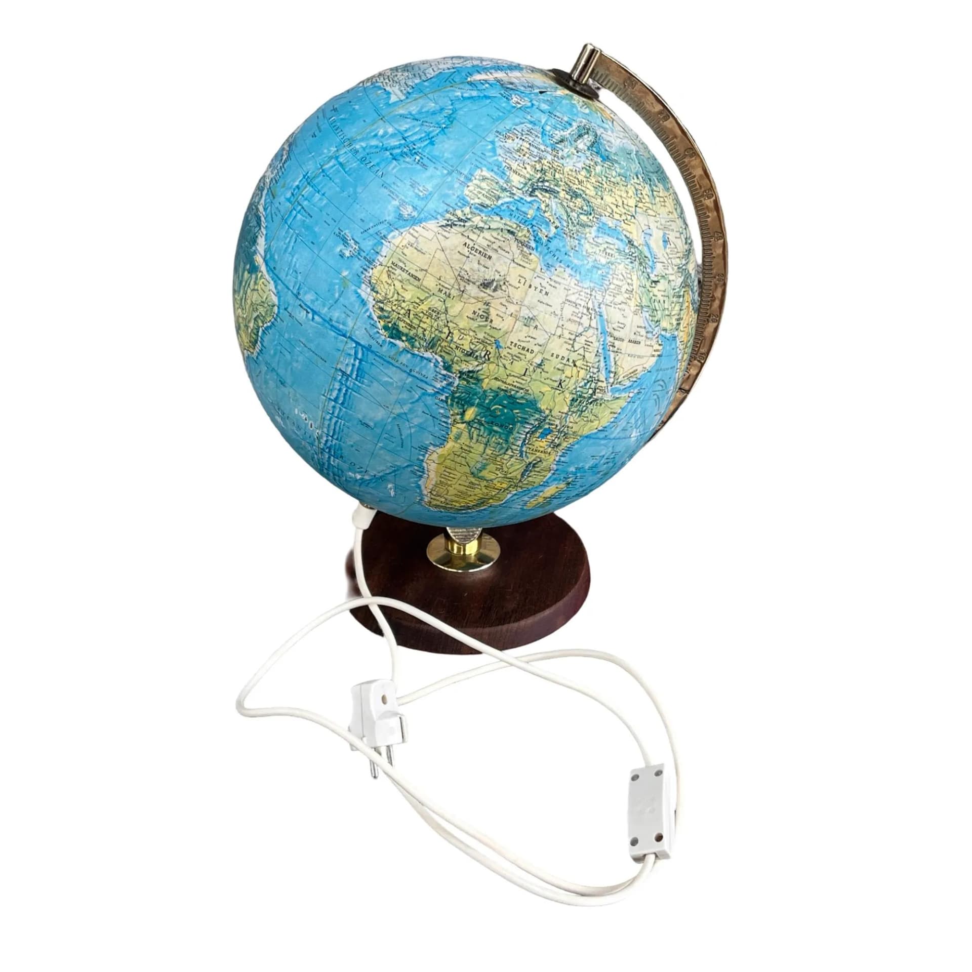 Lampa stołowa globus, multikolor, teak, plastik, mosiądz, Dania, lata 70. - 128036