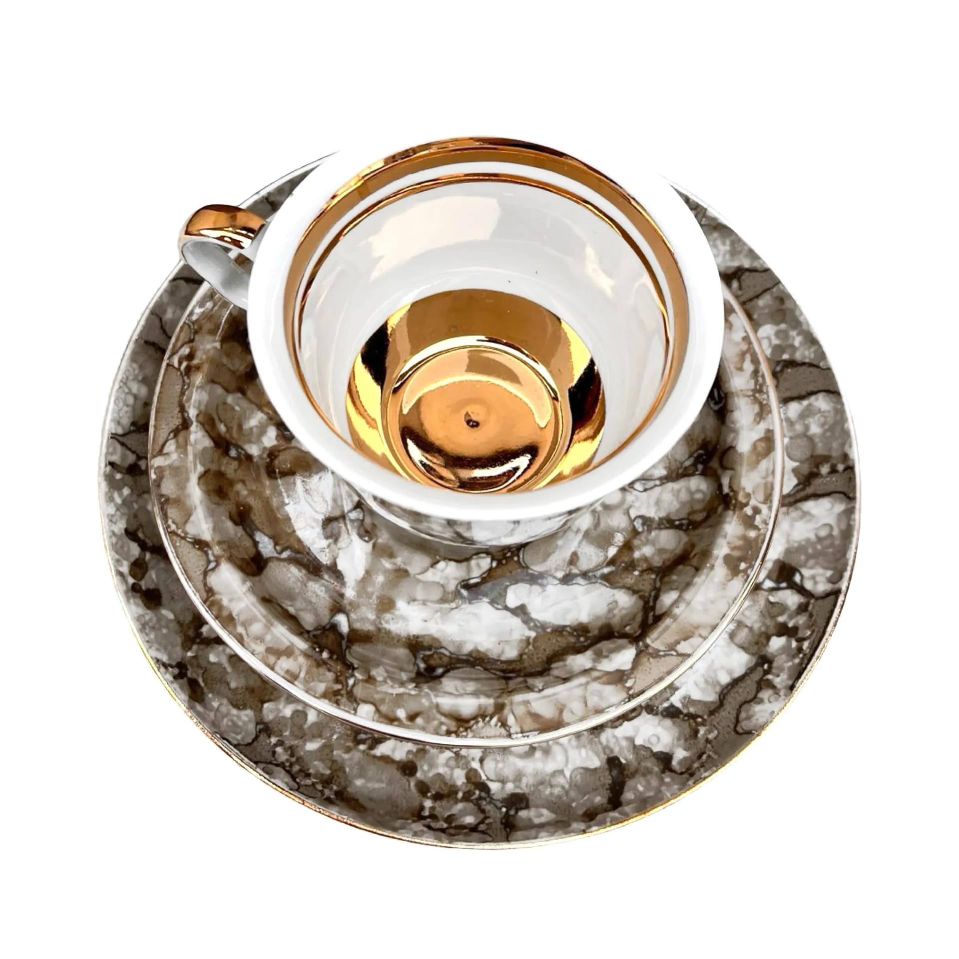 Zestaw śniadaniowy marmurkowy, szary, porcelana, Polska, lata 70. - 127836