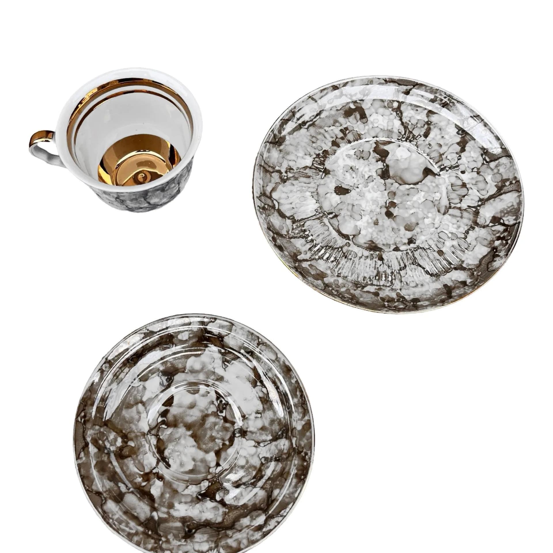 Zestaw śniadaniowy marmurkowy, szary, porcelana, Polska, lata 70. - 127840