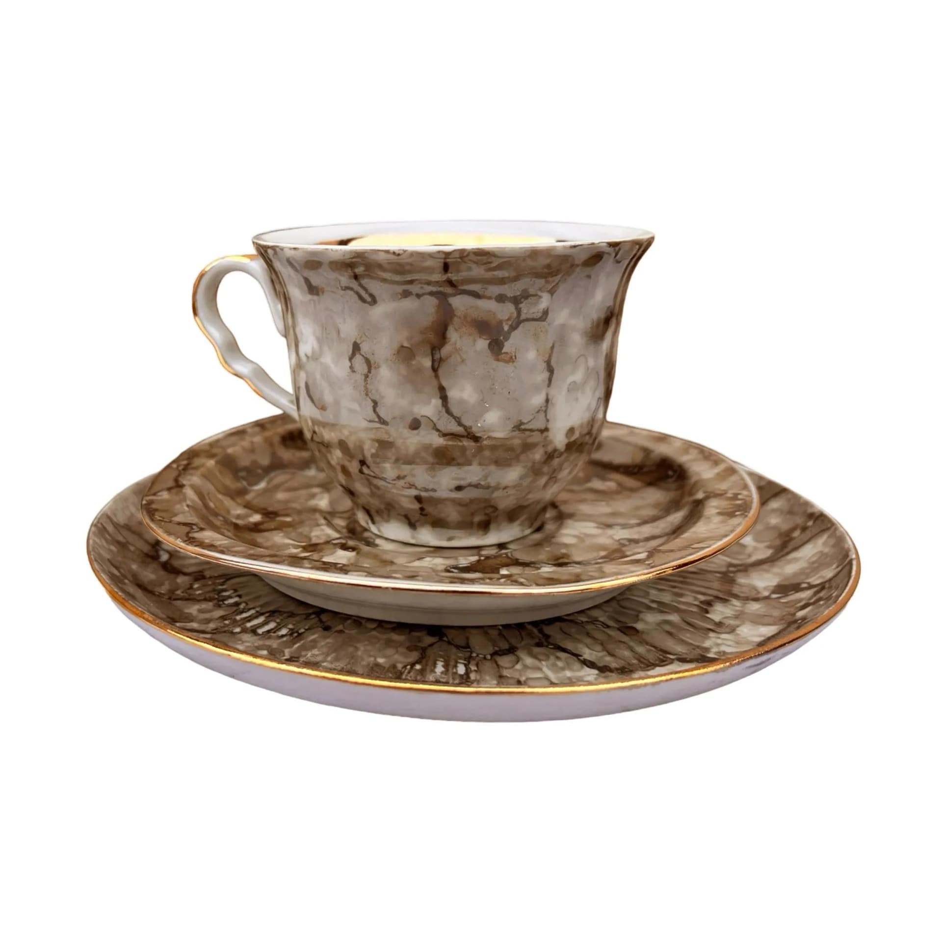 Zestaw śniadaniowy marmurkowy, szary, porcelana, Polska, lata 70. - 127838