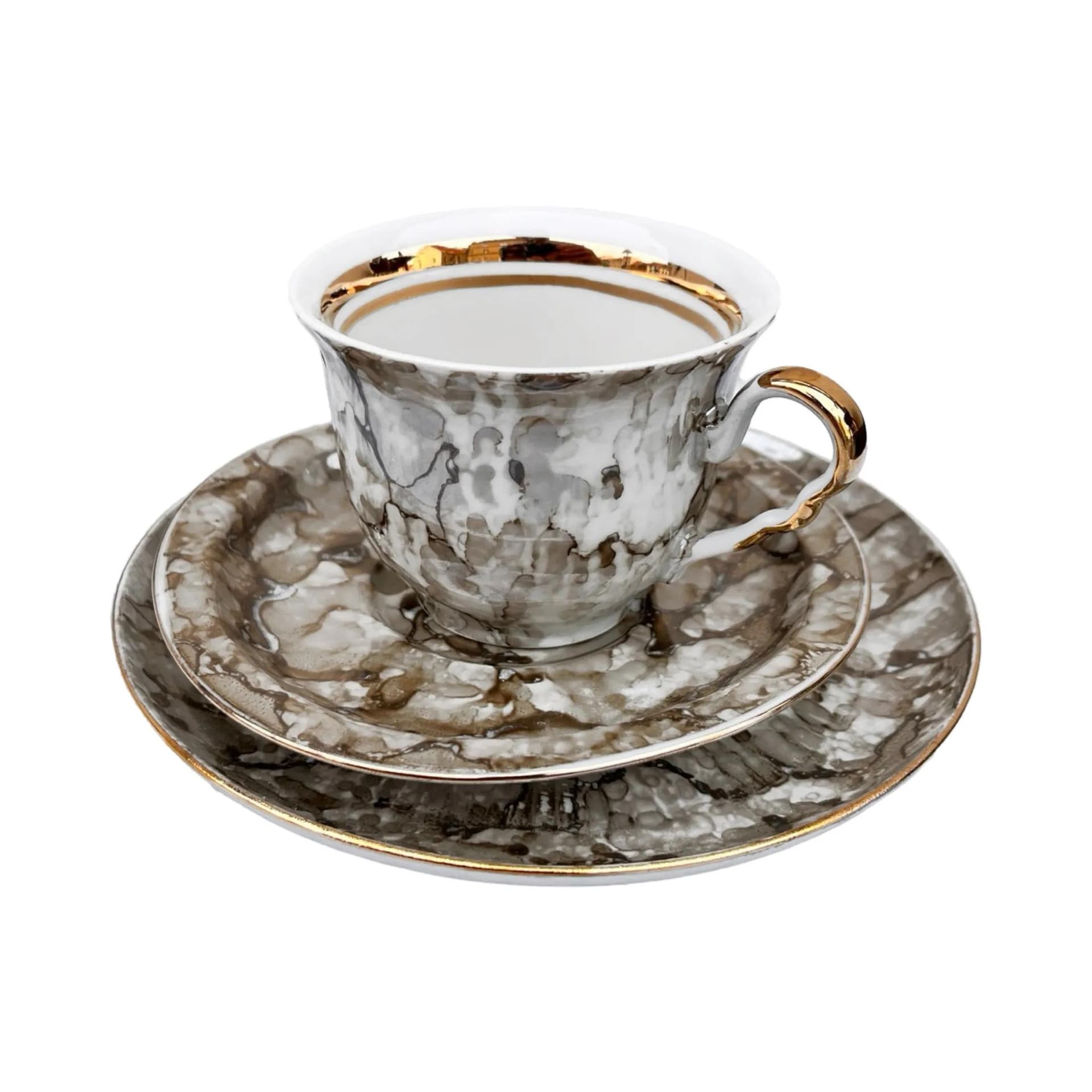 Zestaw śniadaniowy marmurkowy, szary, porcelana, Polska, lata 70. - 127841