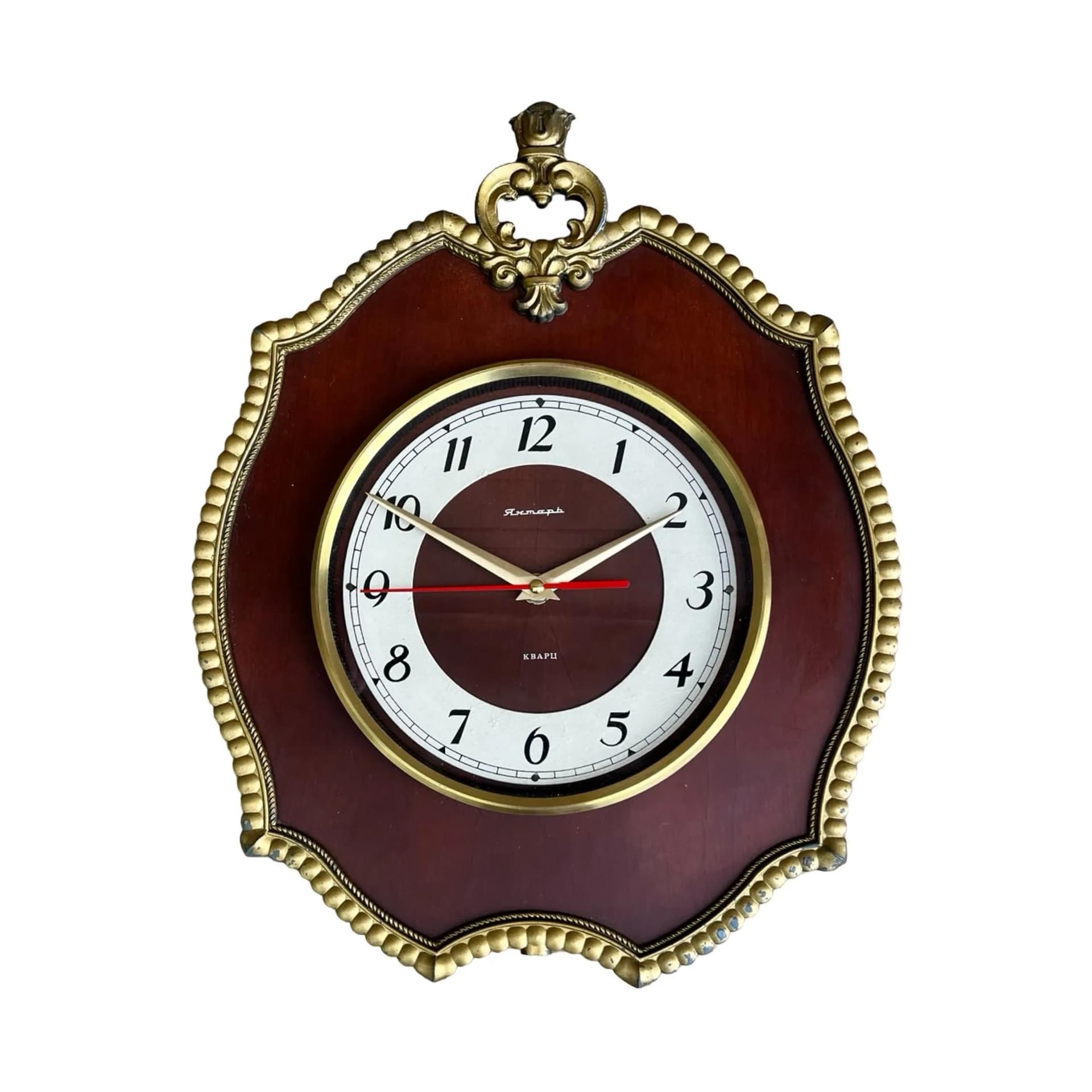 Zegar ścienny Jantar, miedziany, drewno mahoń szkło, ZSRR, lata 70.