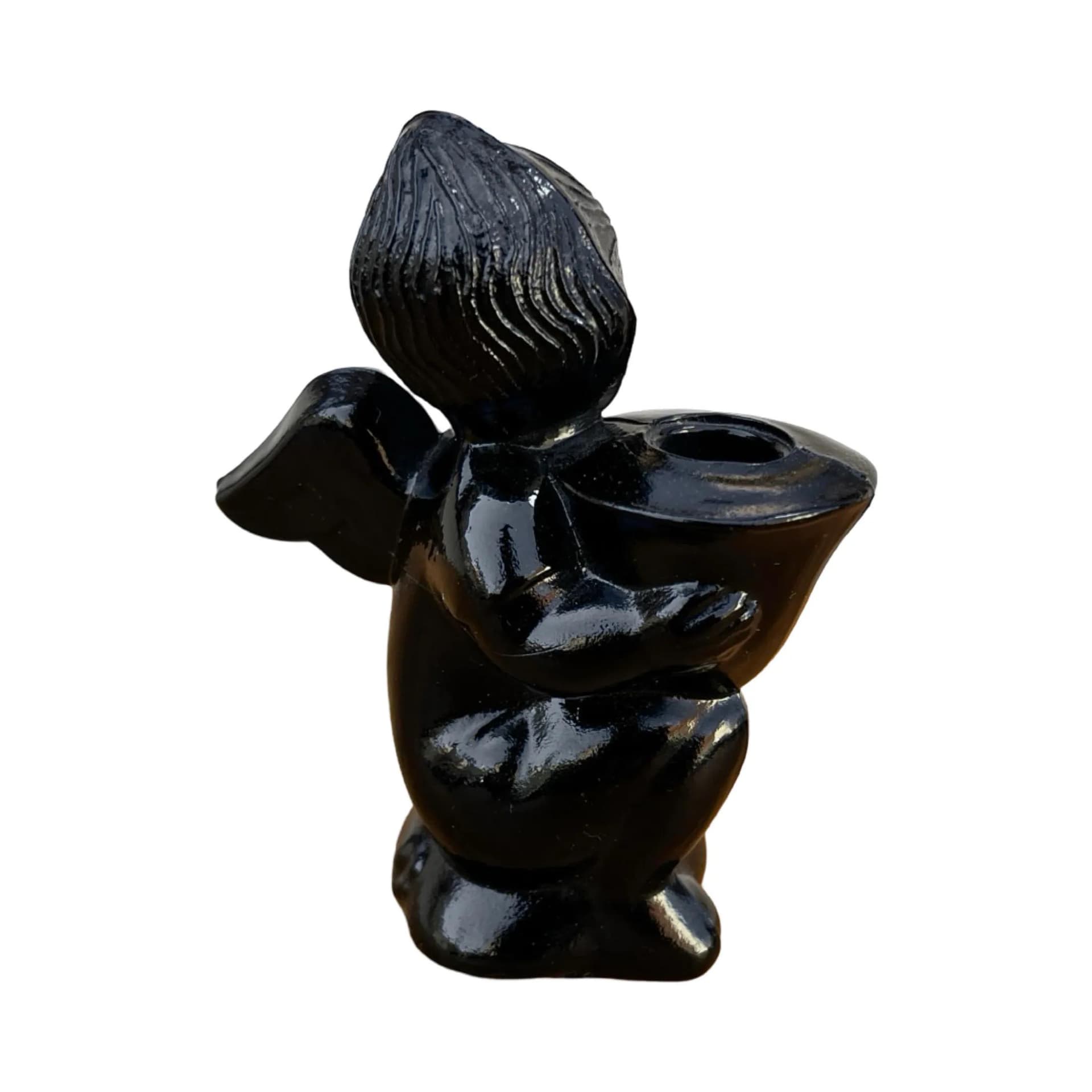 Świecznik aniołek, czarny, szkło hialitowe, Libochovice, Czechosłowacja, lata 60. - 127182