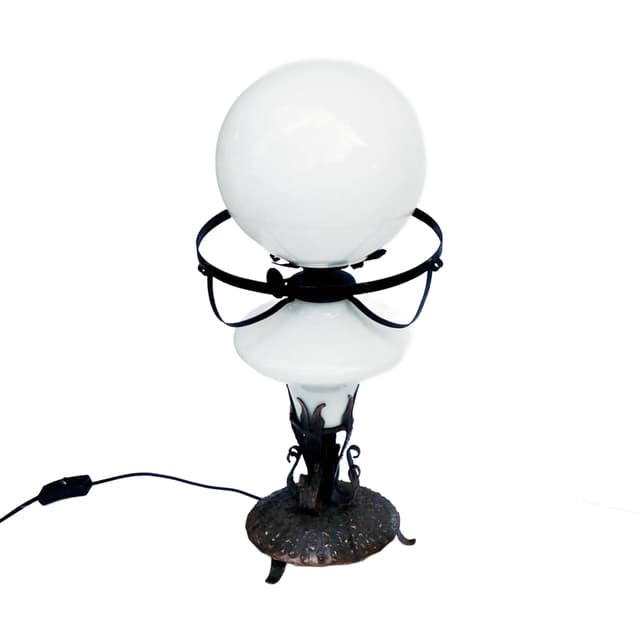 Lampa stołowa, miedź ręcznie formowana, szkło mleczne, Polska, lata 60. - WYMIARY