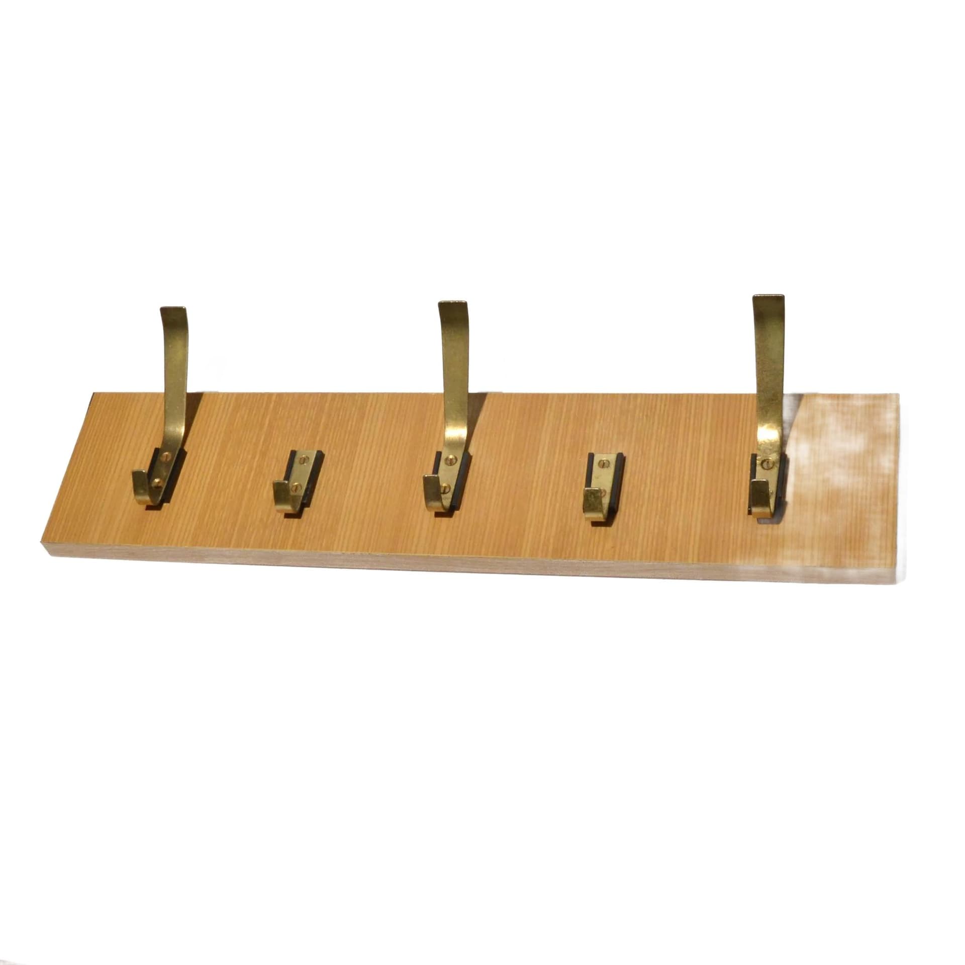 Wall-mounted rack, brown plywood, golden brass, VEB Deutsche Werkstätten Hellerau, Germany, 1970s. - 130409