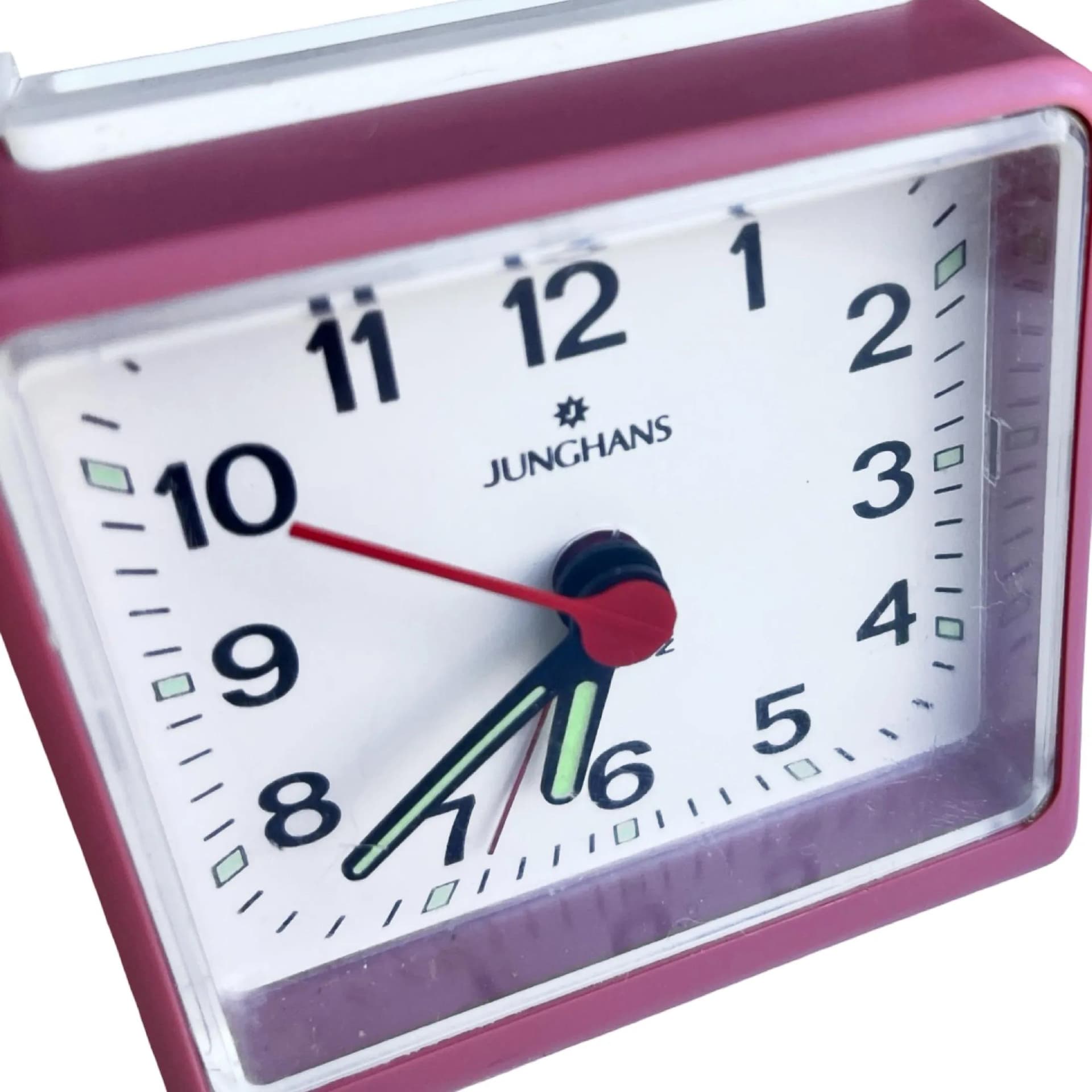 Budzik modernistyczny, różowy, tworzywo sztuczne, Junghans, Niemcy, lata 80. - 126706