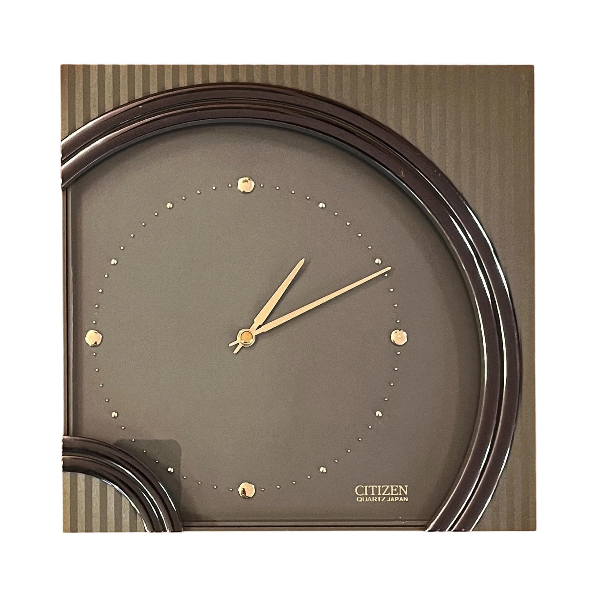 Wall Clock Hollywood Regency, gold black plastic, transparent glass, silver metal, Citizen, Japan, 1980s. - 126543