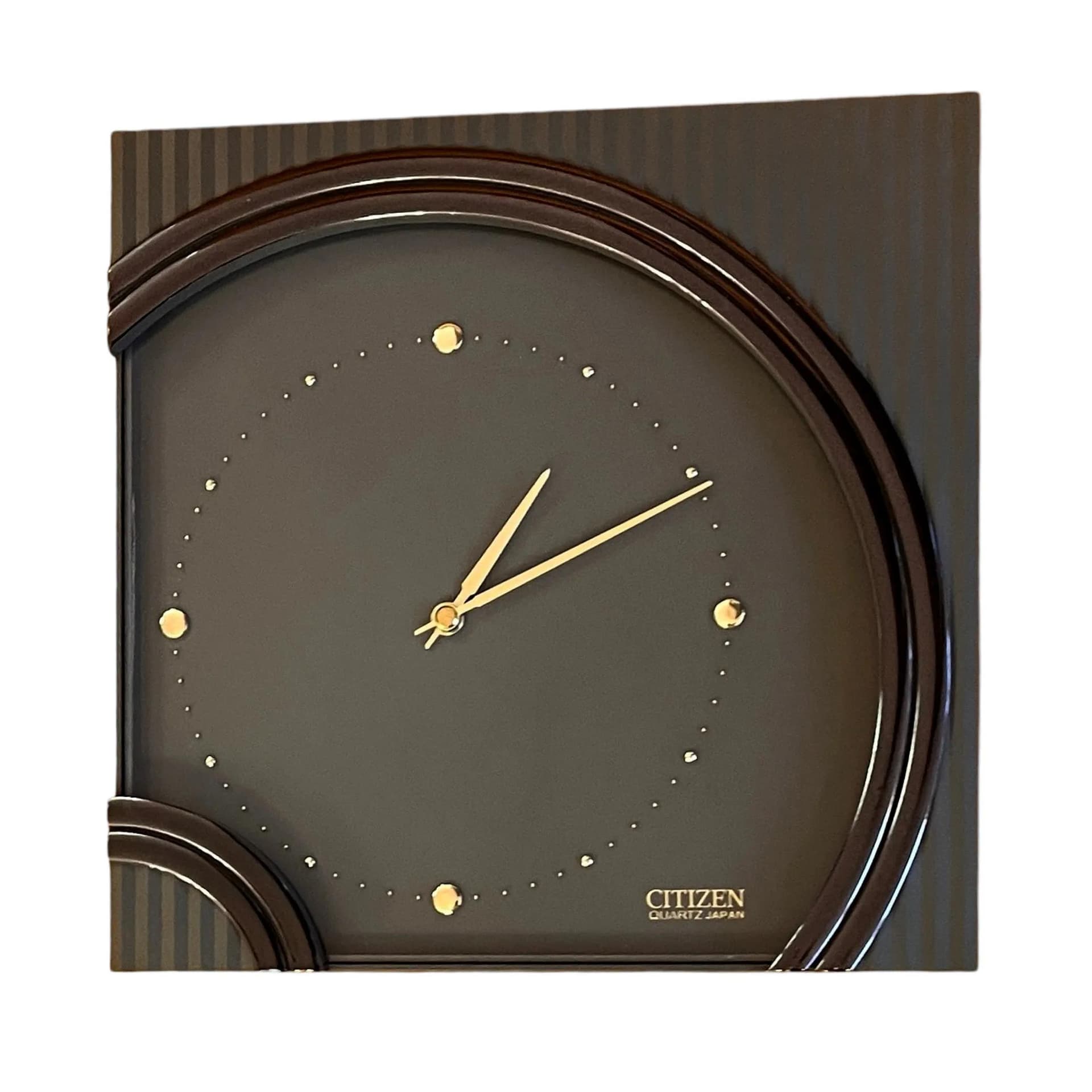 Wall Clock Hollywood Regency, gold black plastic, transparent glass, silver metal, Citizen, Japan, 1980s.