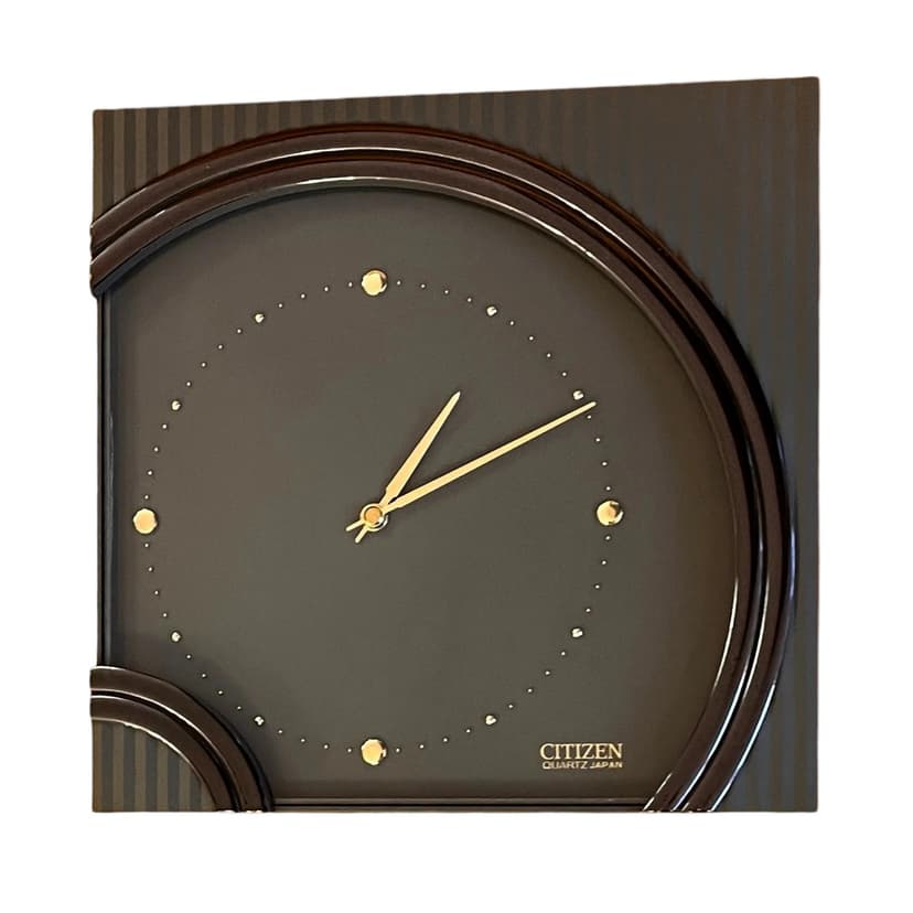 Wall Clock Hollywood Regency, gold black plastic, transparent glass, silver metal, Citizen, Japan, 1980s.