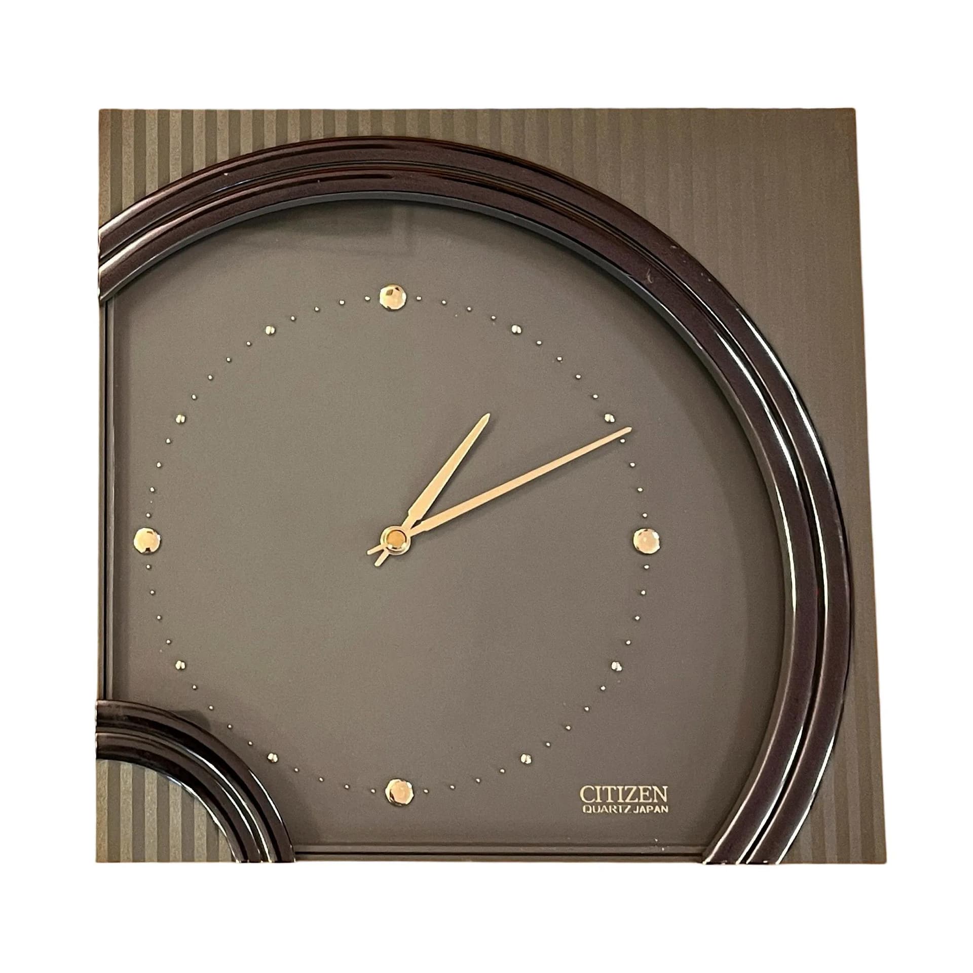 Wall Clock Hollywood Regency, gold black plastic, transparent glass, silver metal, Citizen, Japan, 1980s. - 126545