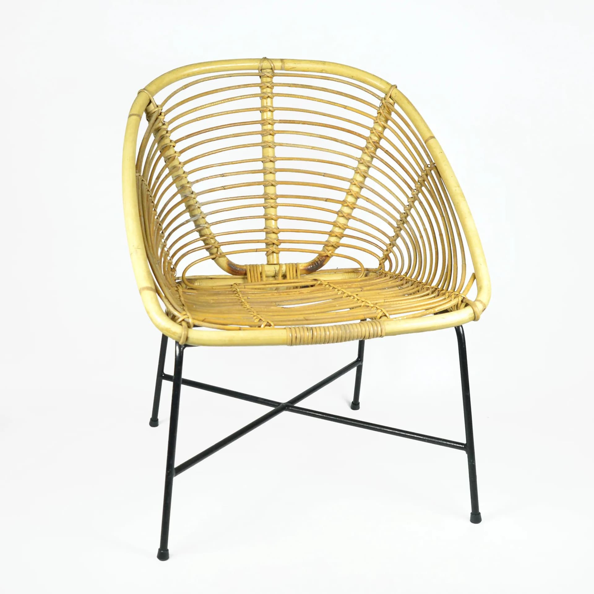 Bucket chair, yellow rattan, black metal, Denmark, 1960s. - 126659