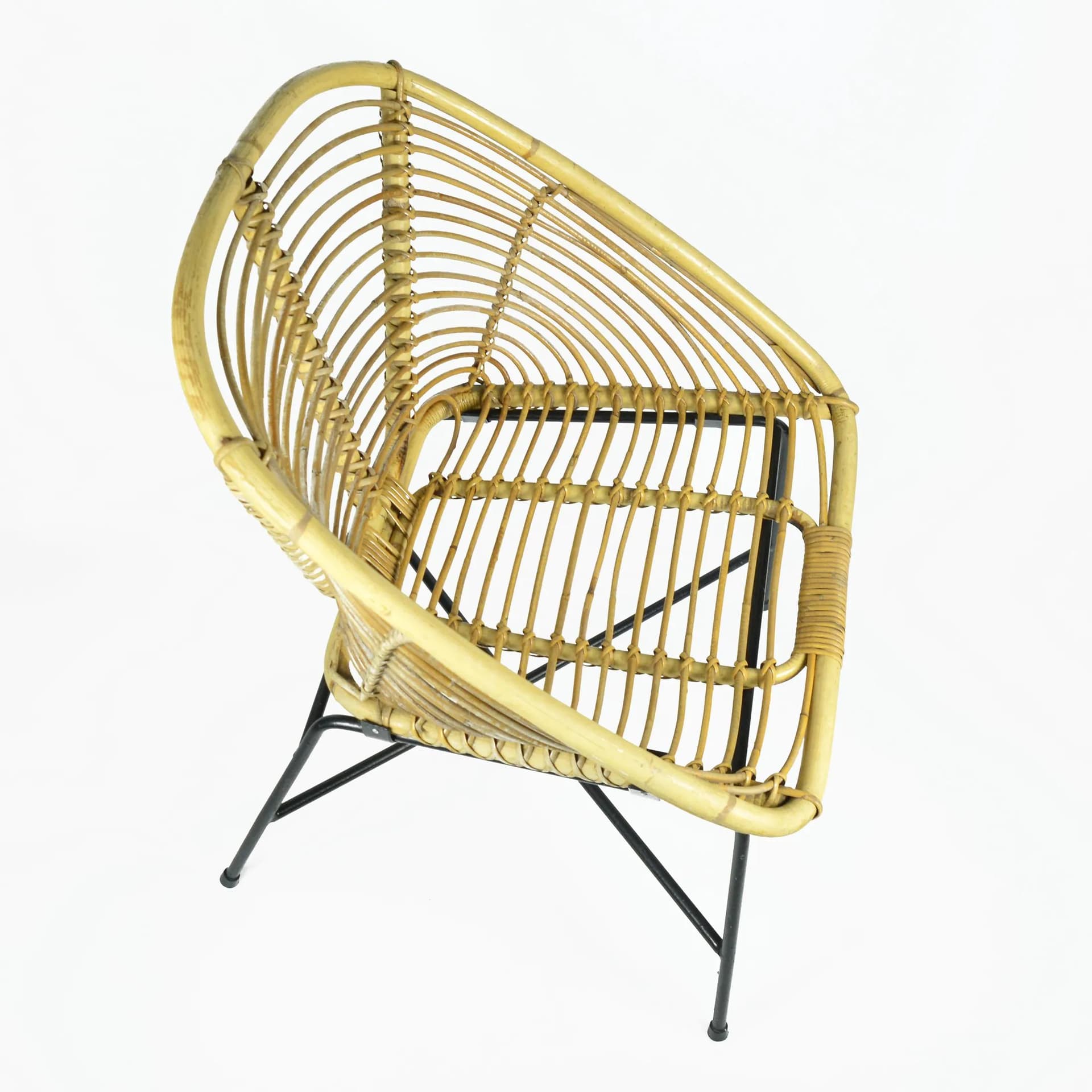 Bucket chair, yellow rattan, black metal, Denmark, 1960s. - 126661
