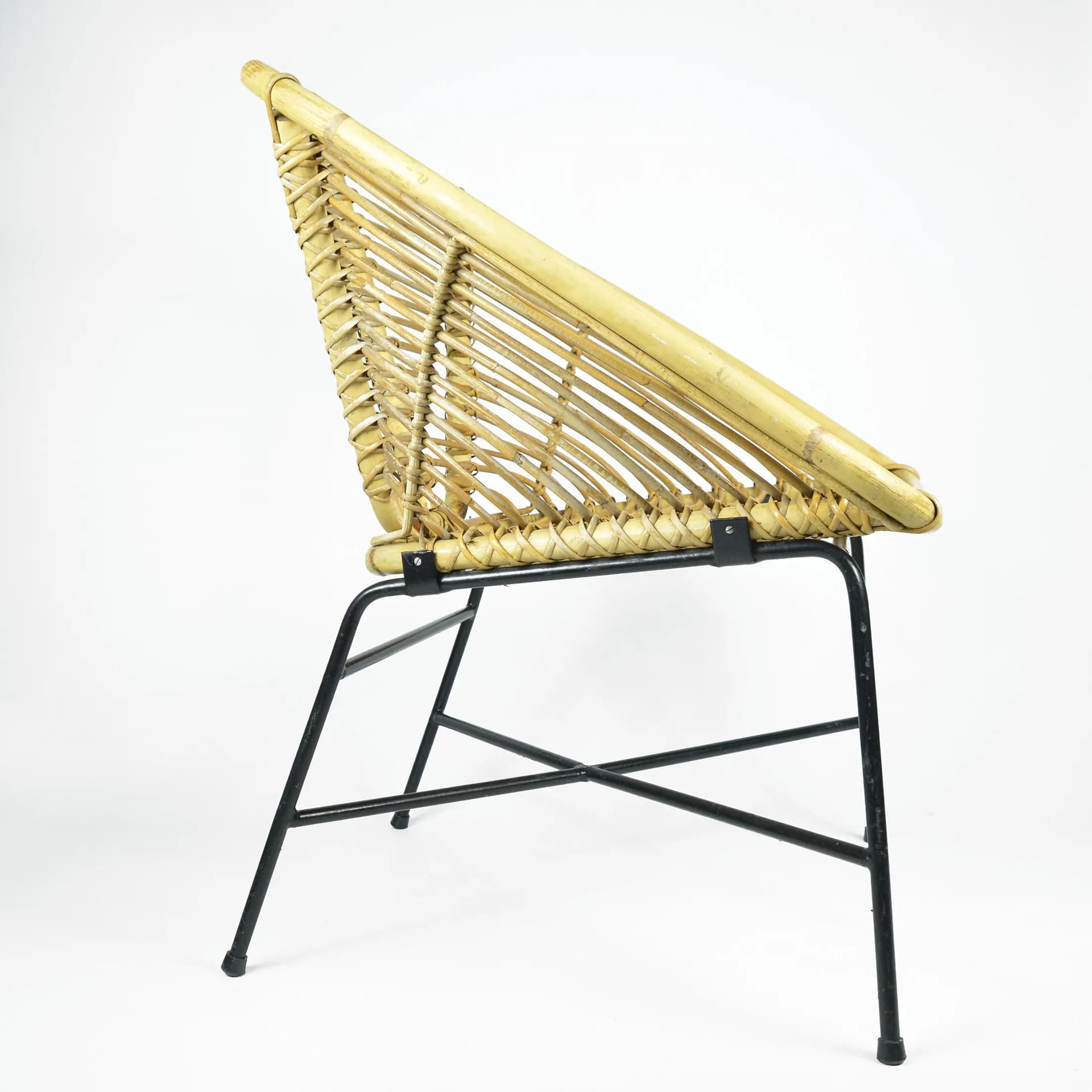 Bucket chair, yellow rattan, black metal, Denmark, 1960s. - 126660