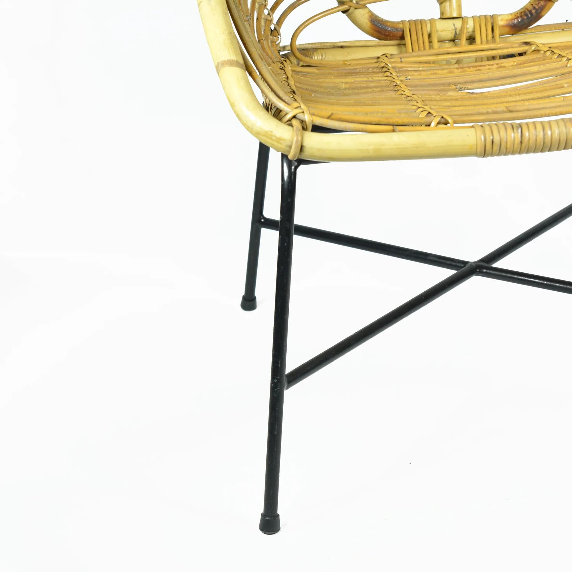 Bucket chair, yellow rattan, black metal, Denmark, 1960s. - 126657