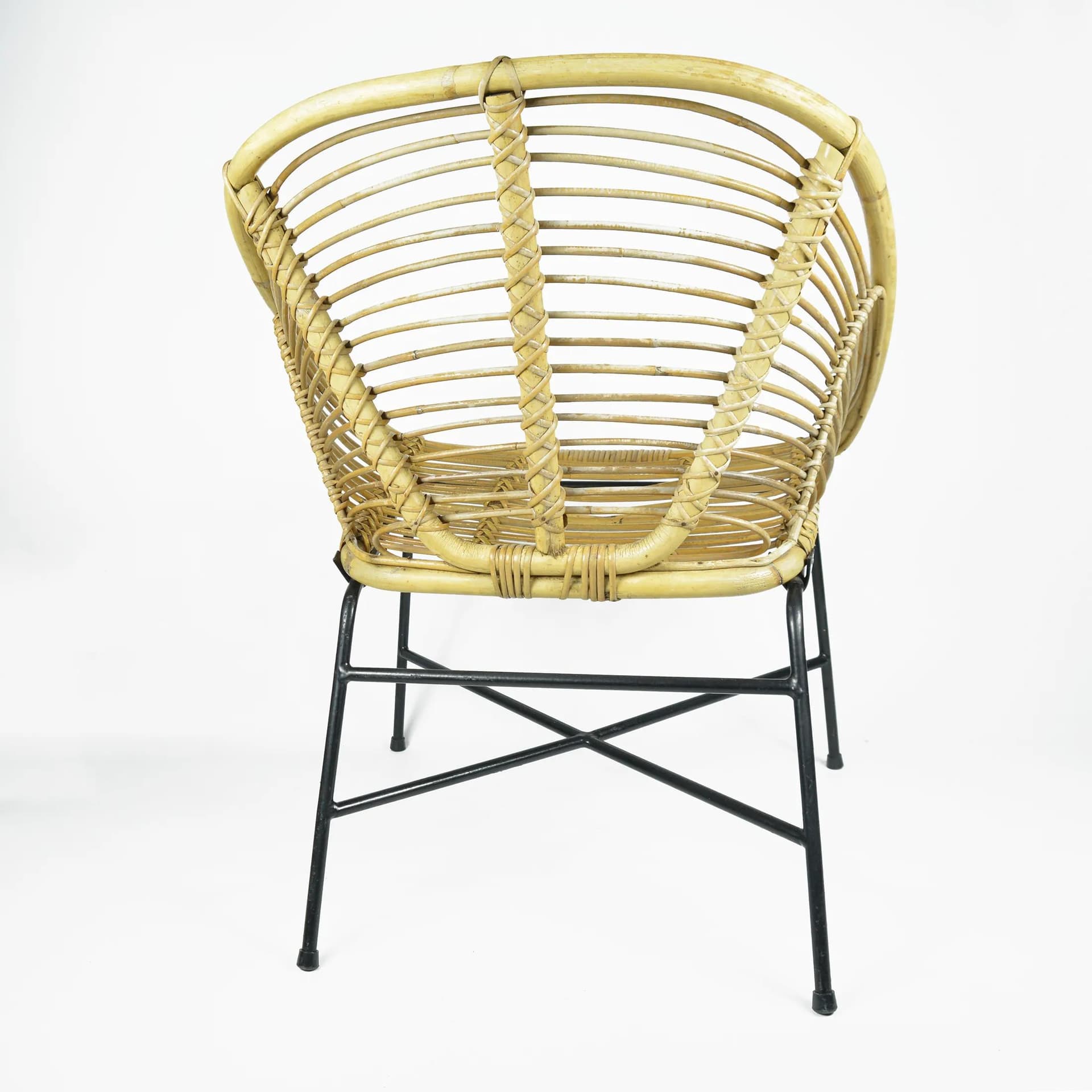 Bucket chair, yellow rattan, black metal, Denmark, 1960s. - 126663