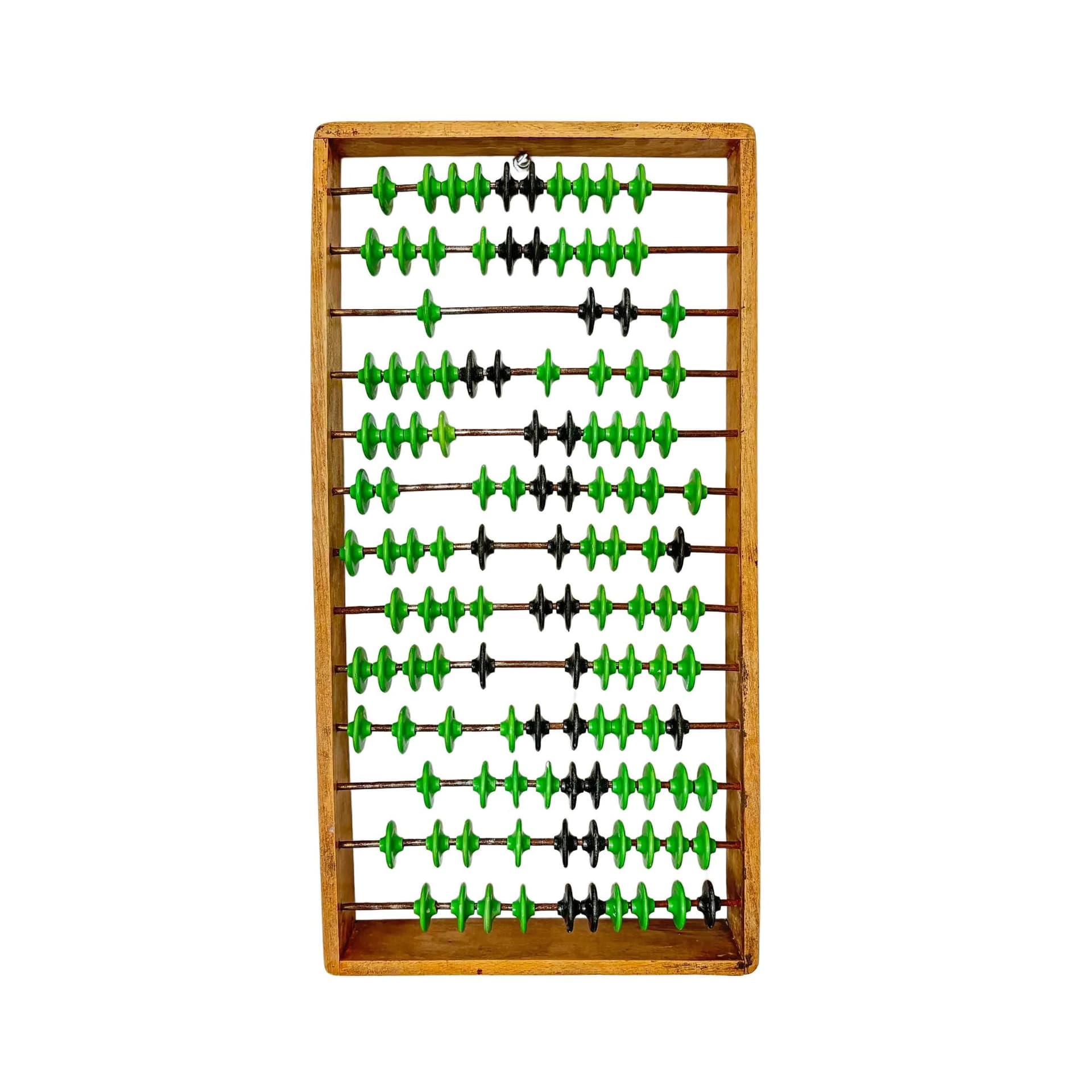 Abacus, beech wood honey, metal, green black plastic, Poland, 1960s.