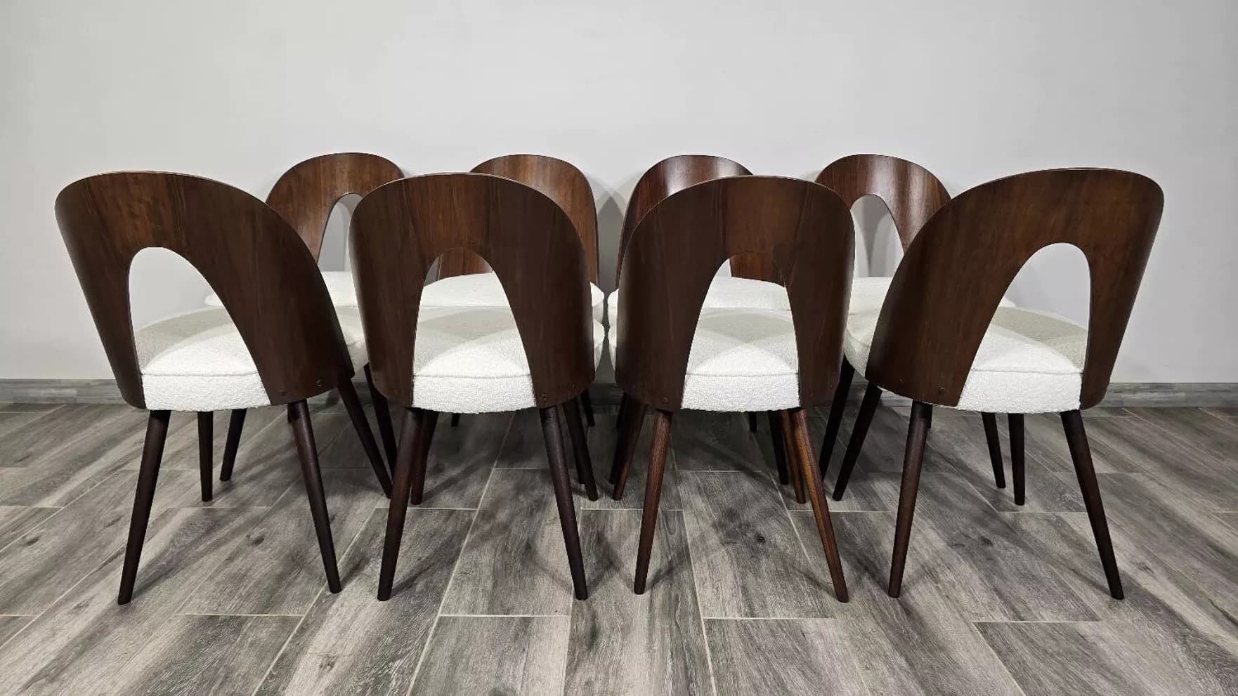 Set of four chairs, off-white bouclé, dark brown plywood, by A. Šuman, Tatra Nabytok, Czechoslovakia, 1960s. - 130473