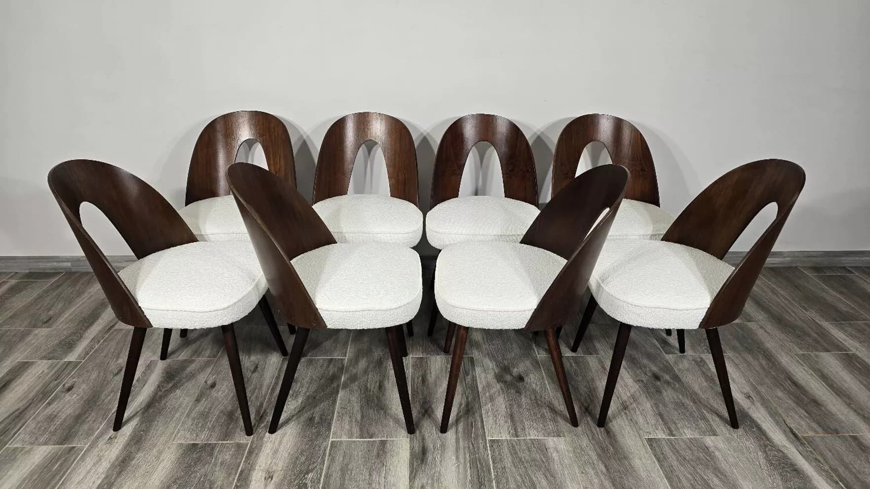 Set of four chairs, off-white bouclé, dark brown plywood, by A. Šuman, Tatra Nabytok, Czechoslovakia, 1960s. - 130475