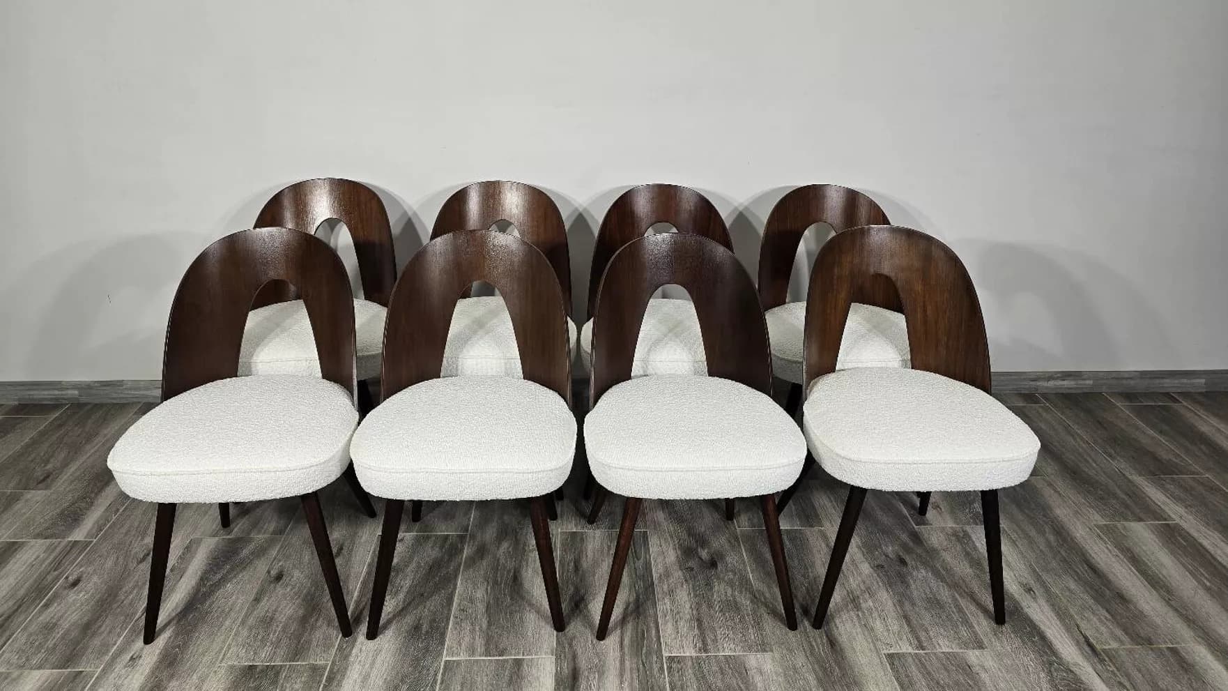 Set of four chairs, off-white bouclé, dark brown plywood, by A. Šuman, Tatra Nabytok, Czechoslovakia, 1960s. - 130474