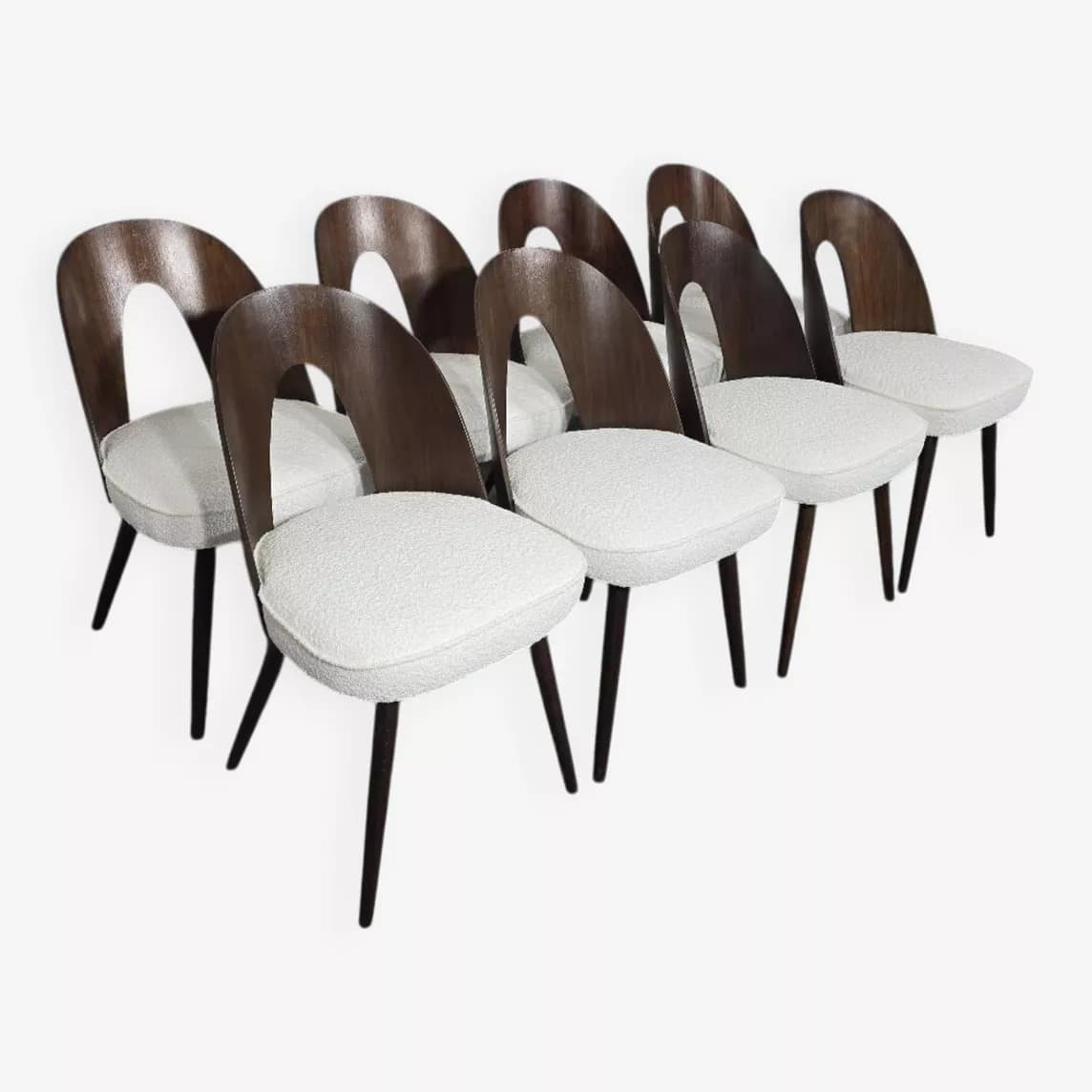 Set of four chairs, off-white bouclé, dark brown plywood, by A. Šuman, Tatra Nabytok, Czechoslovakia, 1960s.