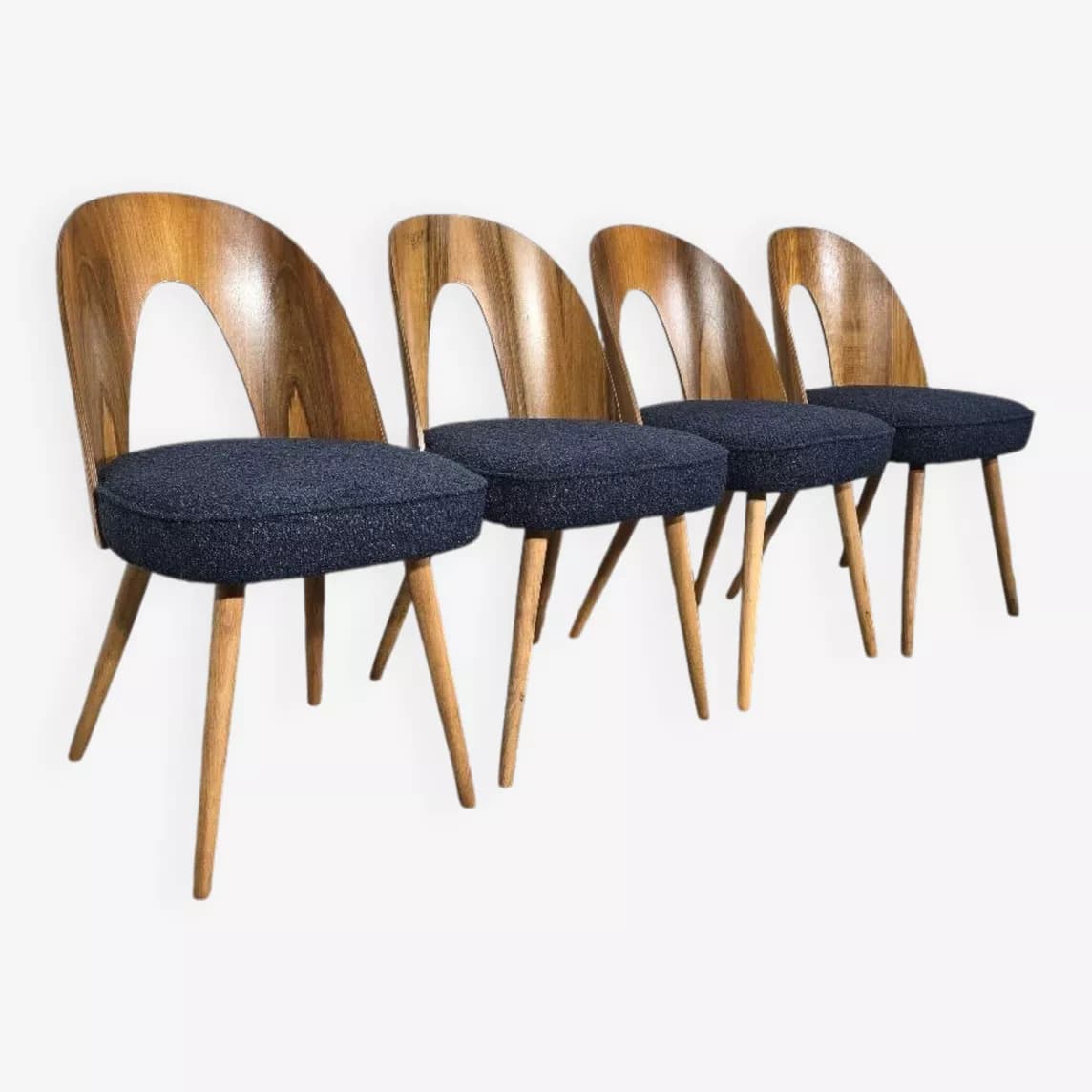 Set of four chairs, brown plywood, by A. Suman, Tatra Nabytok, Czechoslovakia, 1960s.