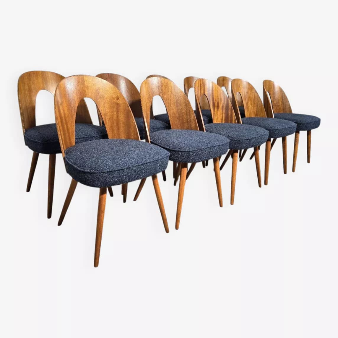 Set of four chairs, brown plywood, by A. Suman, Tatra Nabytok, Czechoslovakia, 1960s.