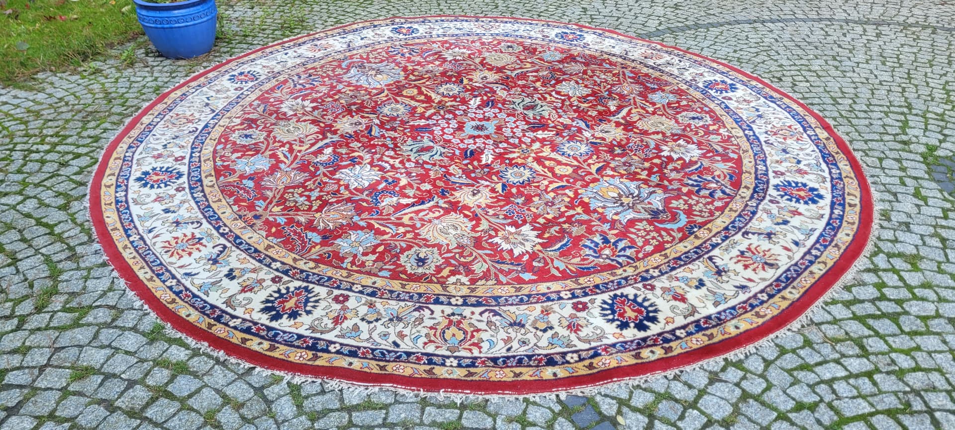 Round Rug Indo-Tebriz 310cm, red wool, India - 130565