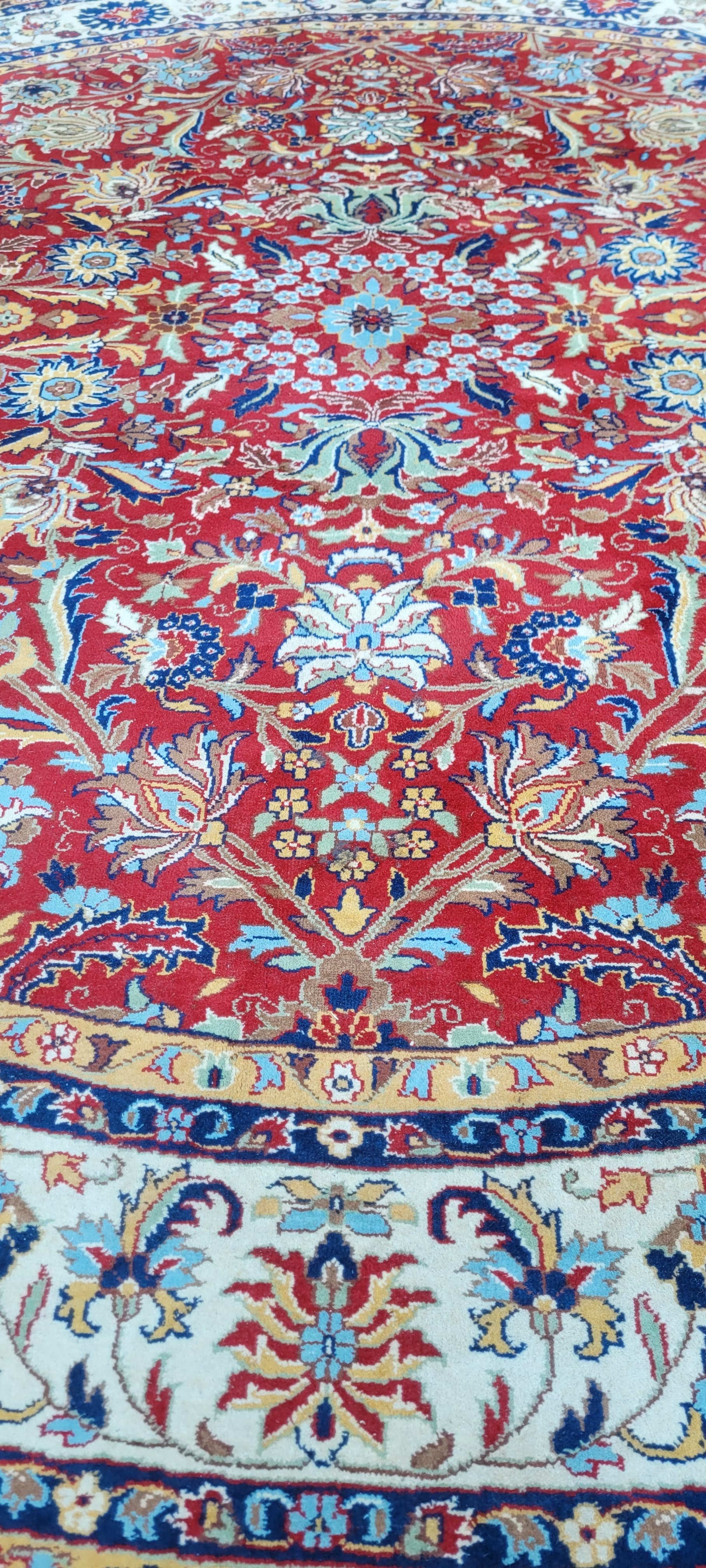 Round Rug Indo-Tebriz 310cm, red wool, India - 130558