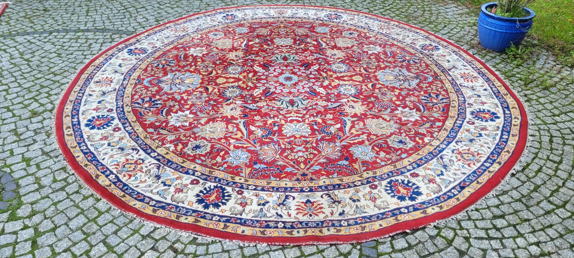 Round Rug Indo-Tebriz 310cm, red wool, India - 130564
