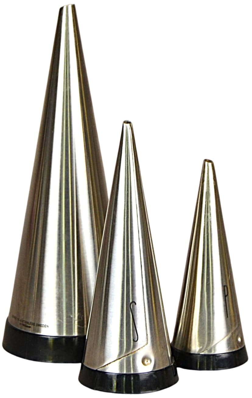 Set of three spice containers, silver steel, by P. Forssell, Gense, Sweden, 1990s.