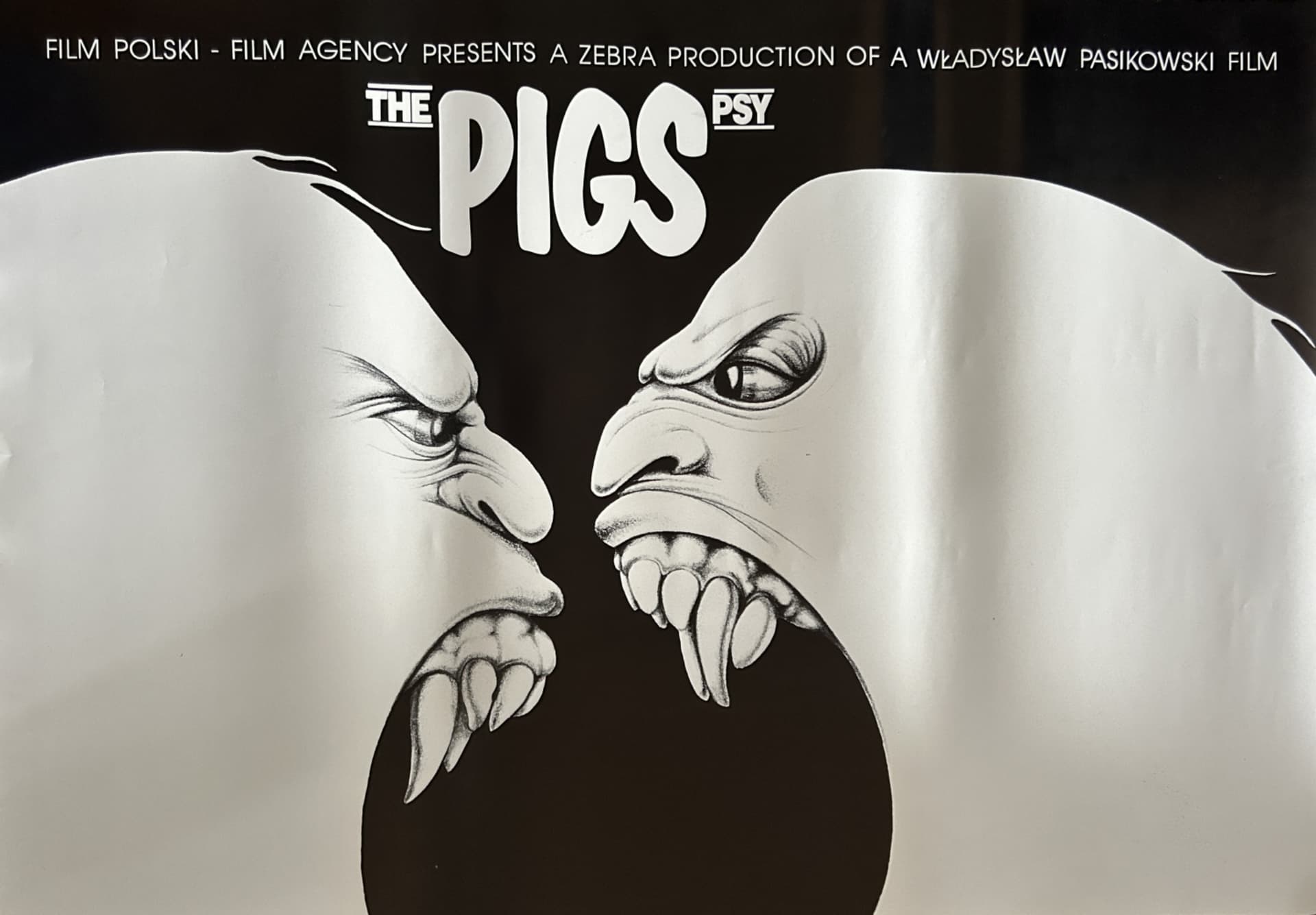 Plakat filmowy Psy, 98x68 cm, biały czarny szary, papier, aut. J. Erol, Polska, lata 90.