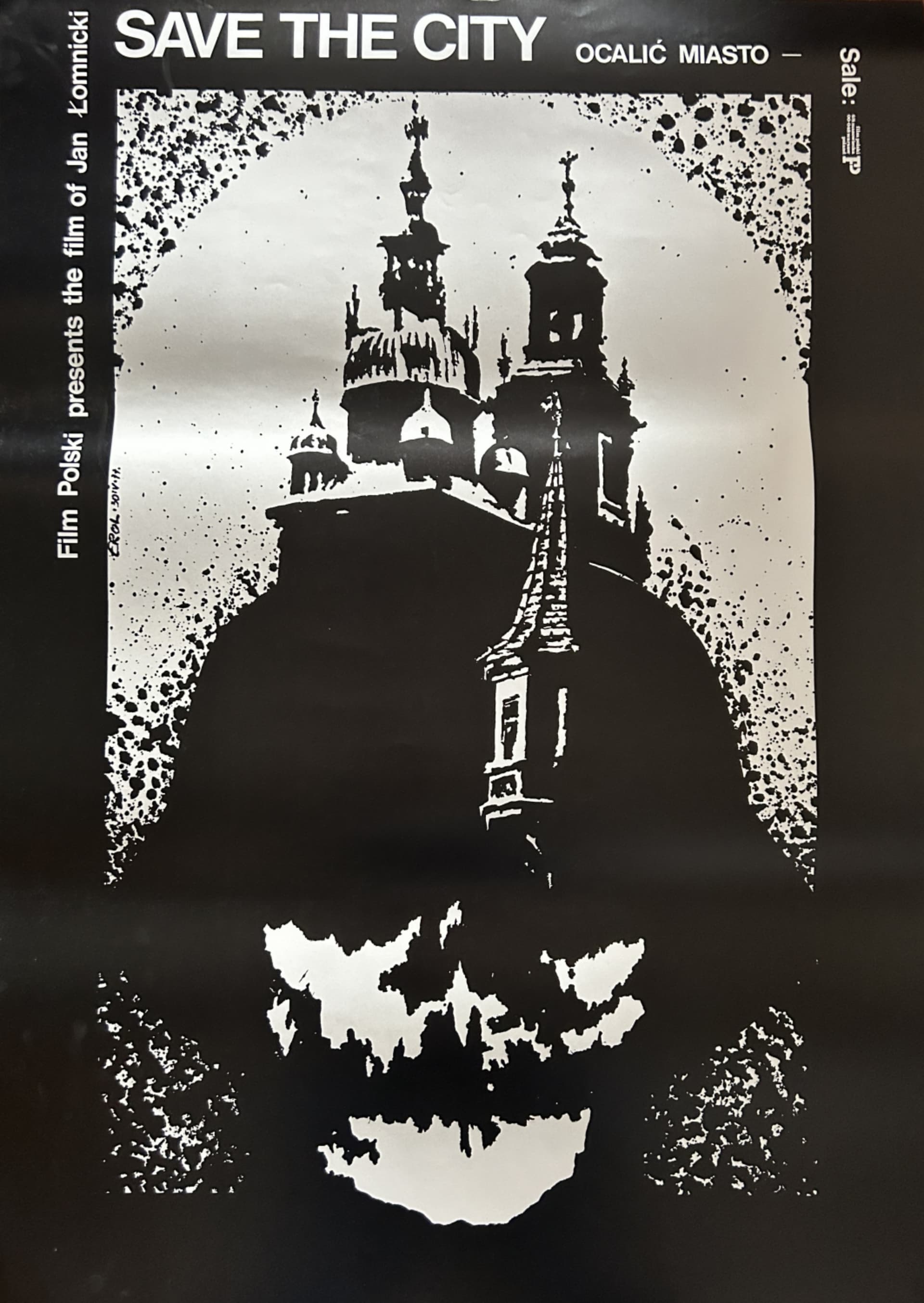 Plakat filmowy Ocalić miasto, 70x100 cm, czarny, aut. J. Erol, Polska, lata 70.