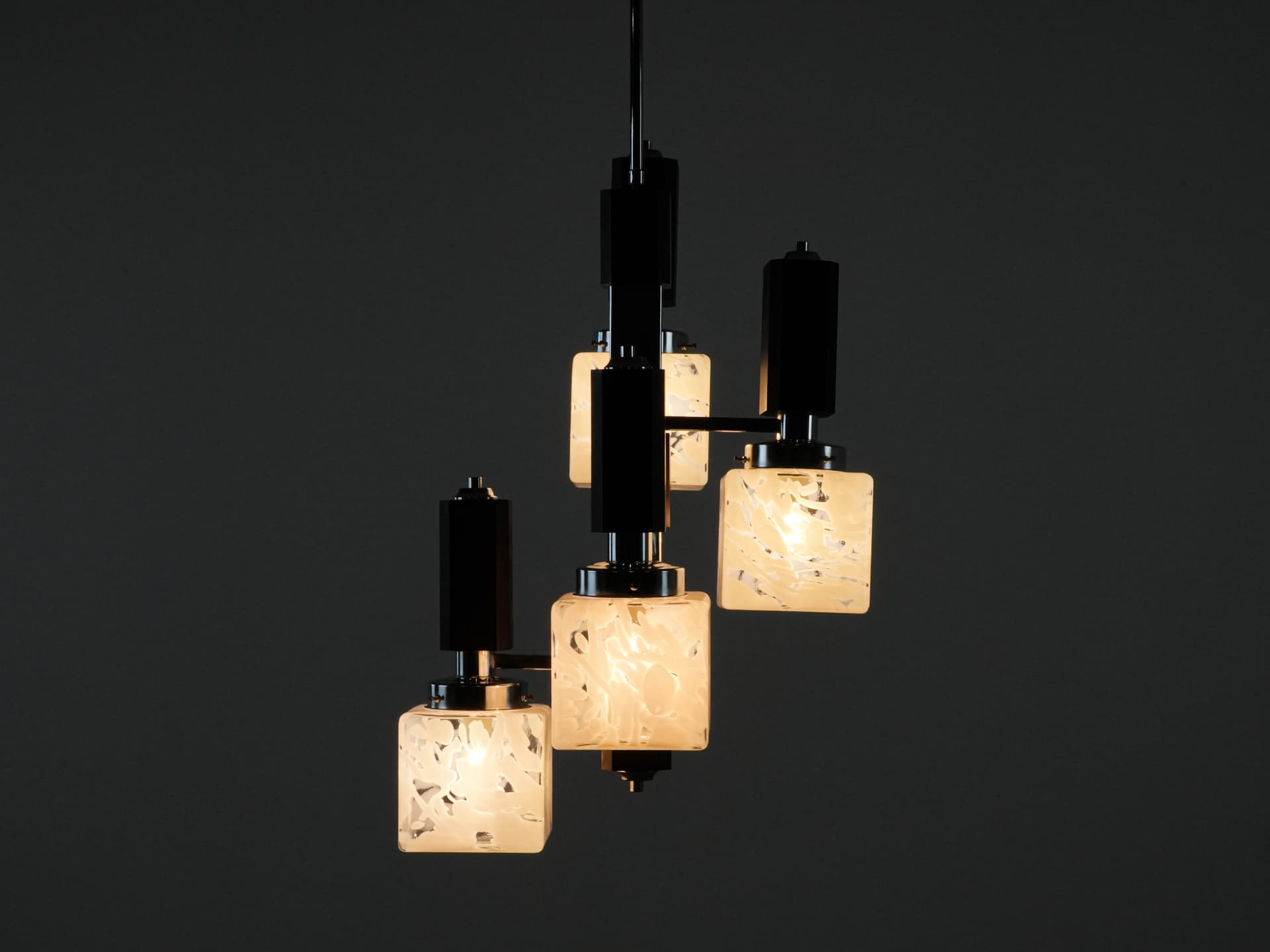 Pendant lamp, milky white glass, dark brown beech, silver chrome steel, Italy, 1970s. - 131001