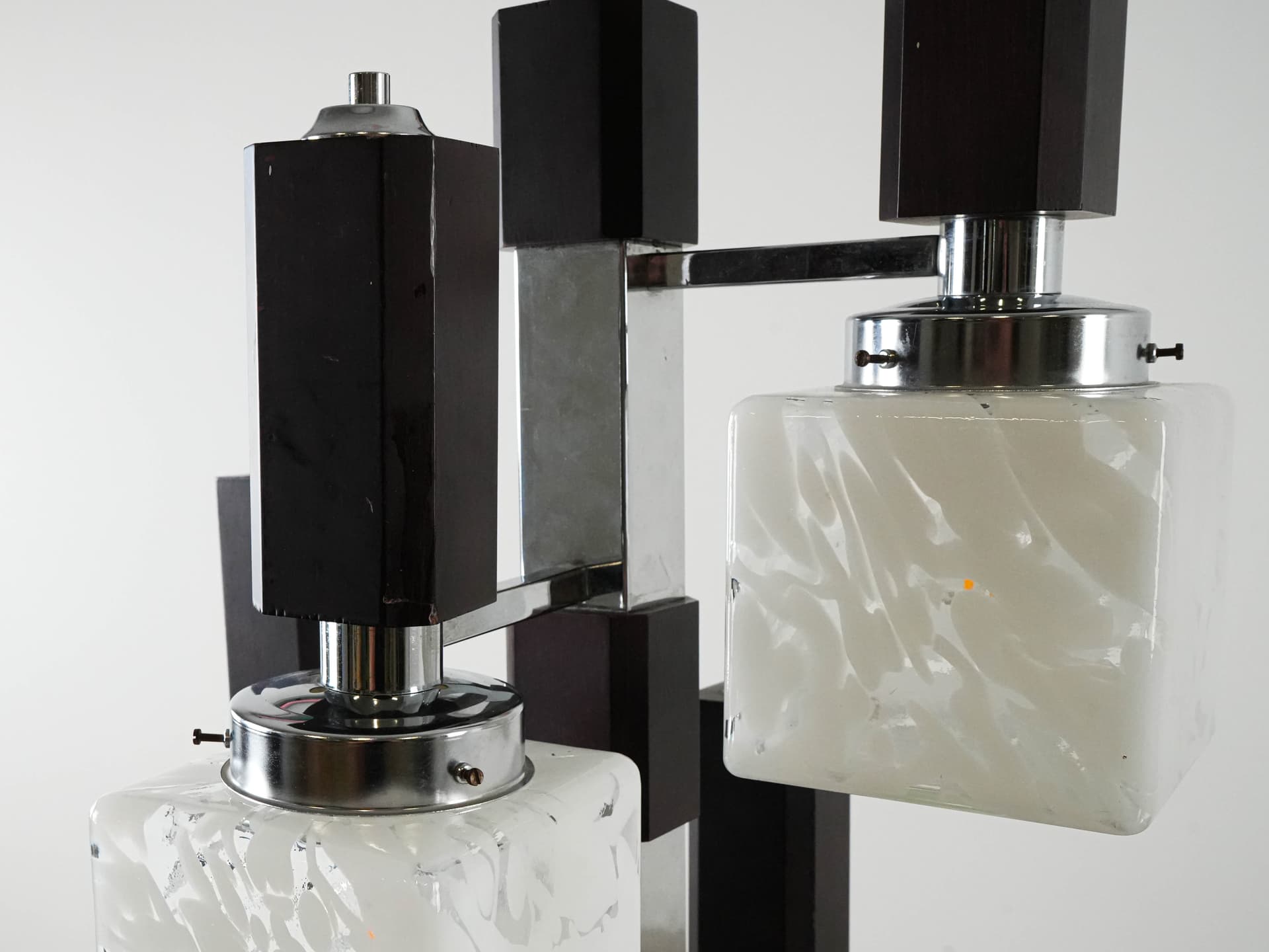 Pendant lamp, milky white glass, dark brown beech, silver chrome steel, Italy, 1970s. - 130998