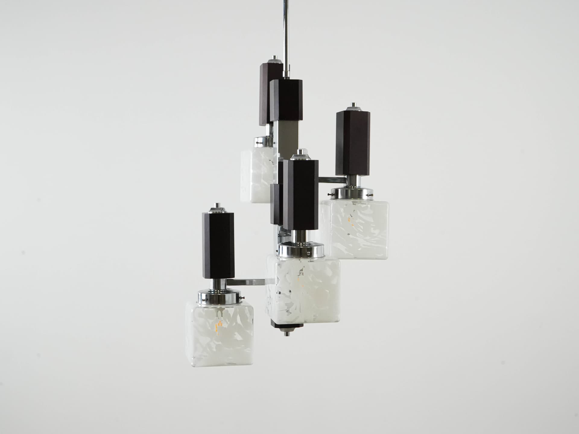 Pendant lamp, milky white glass, dark brown beech, silver chrome steel, Italy, 1970s. - 130990
