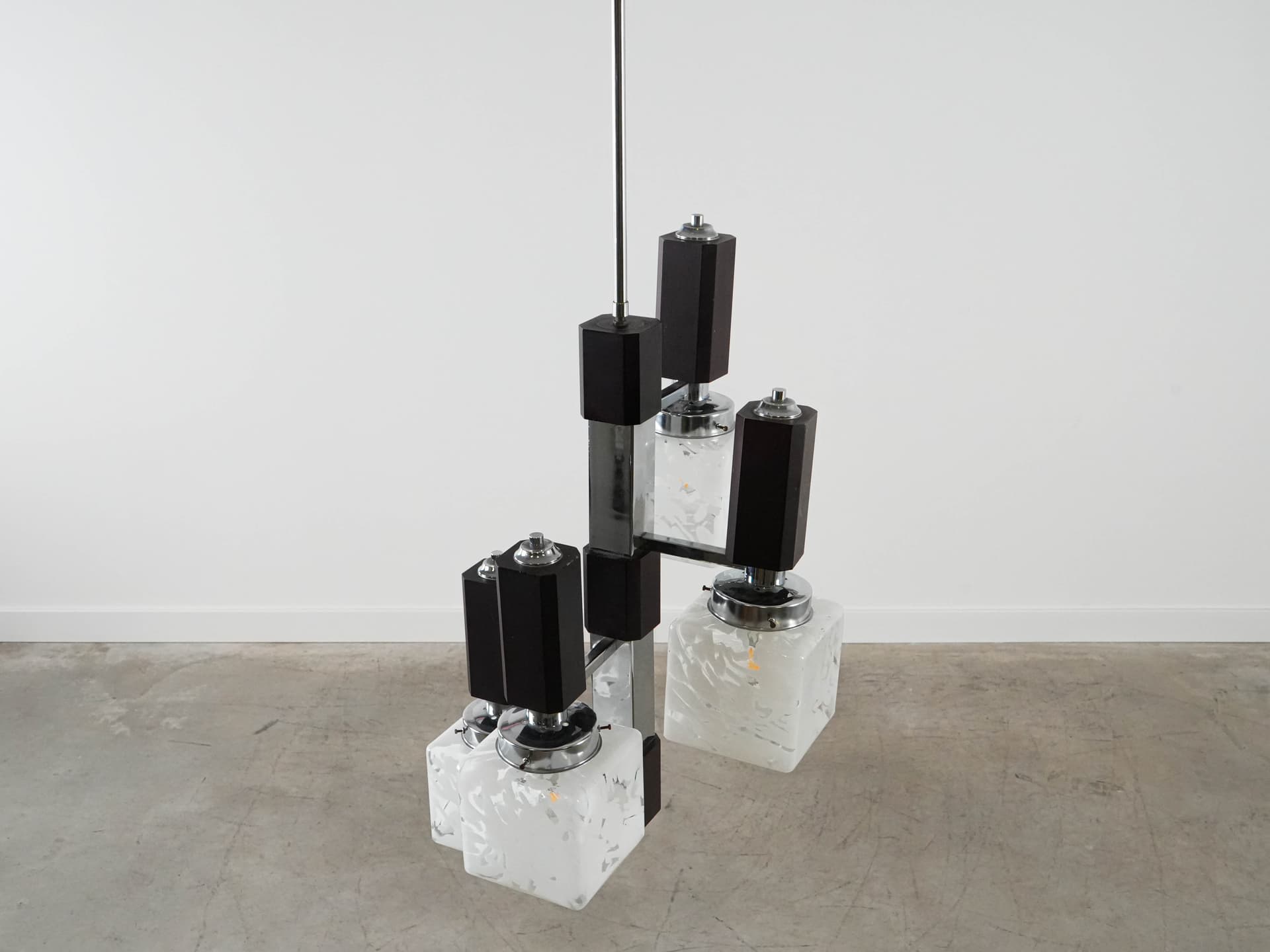 Pendant lamp, milky white glass, dark brown beech, silver chrome steel, Italy, 1970s. - 130999