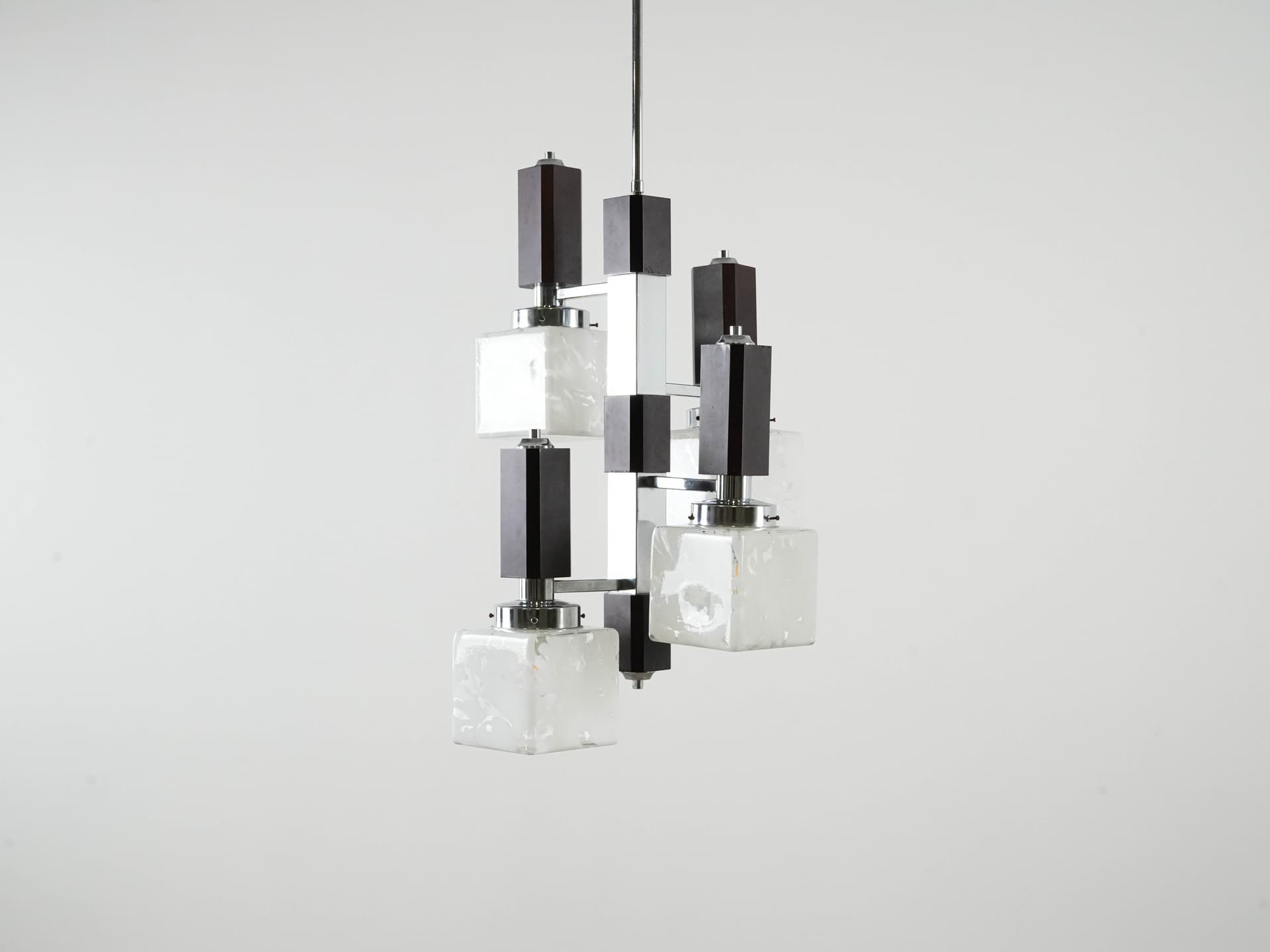 Pendant lamp, milky white glass, dark brown beech, silver chrome steel, Italy, 1970s. - 130991