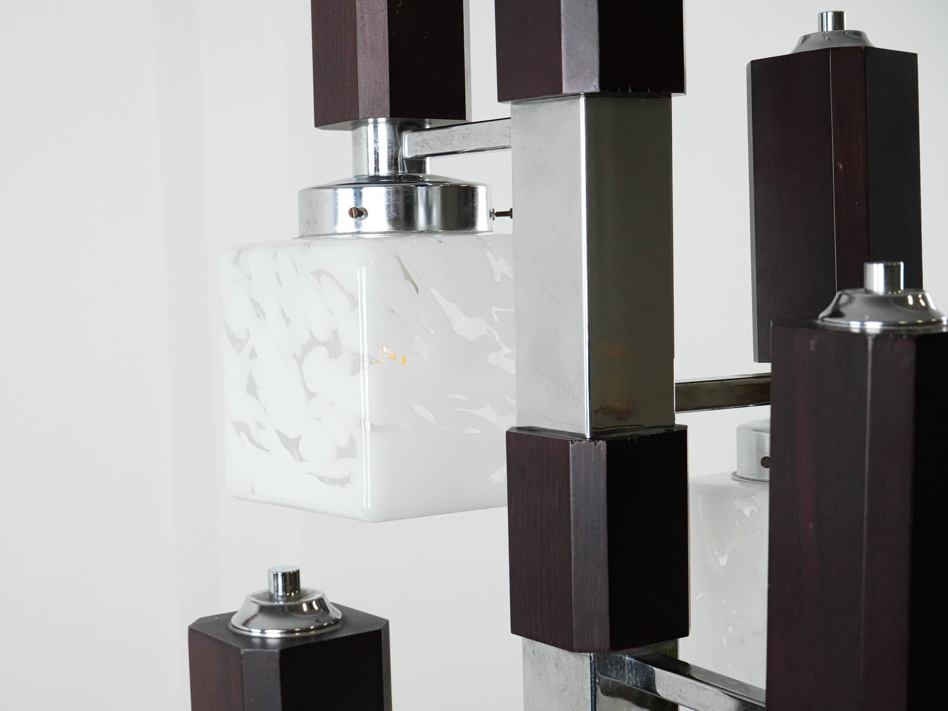 Pendant lamp, milky white glass, dark brown beech, silver chrome steel, Italy, 1970s. - 130997