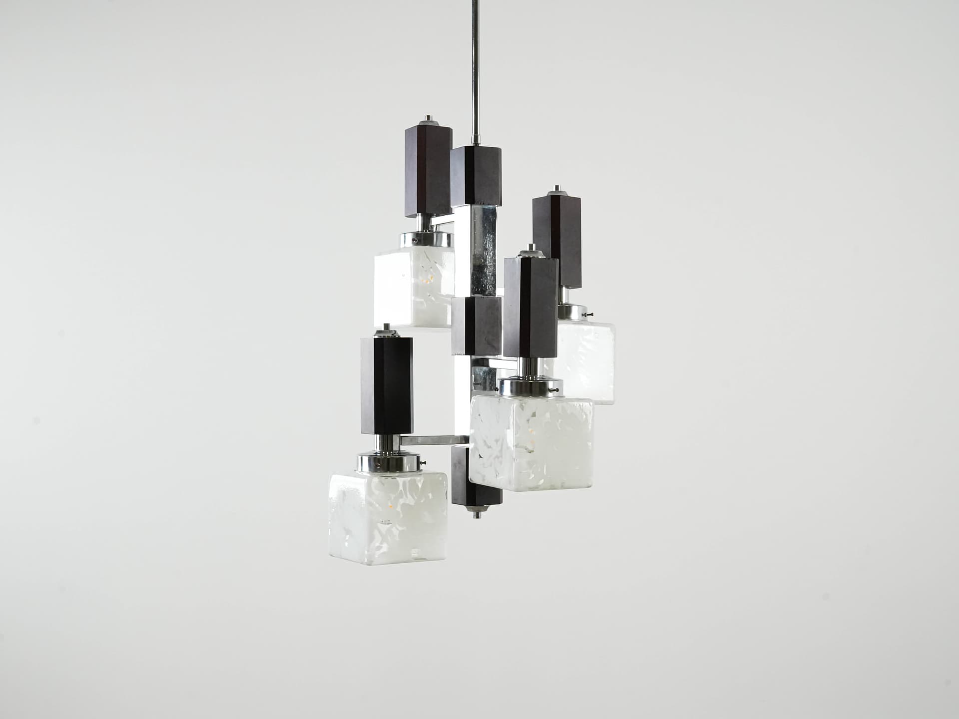Pendant lamp, milky white glass, dark brown beech, silver chrome steel, Italy, 1970s. - 130992