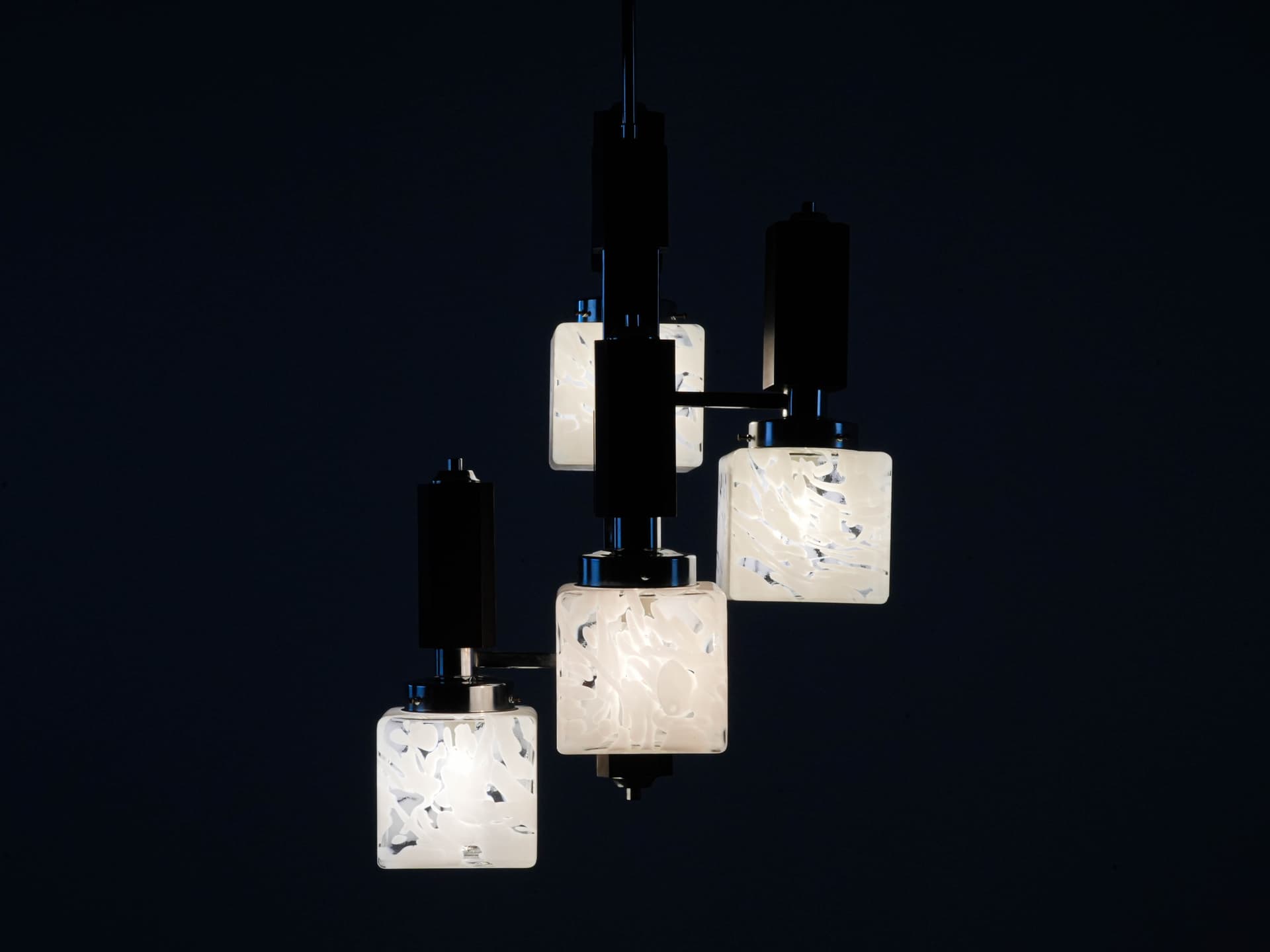 Pendant lamp, milky white glass, dark brown beech, silver chrome steel, Italy, 1970s. - 131000