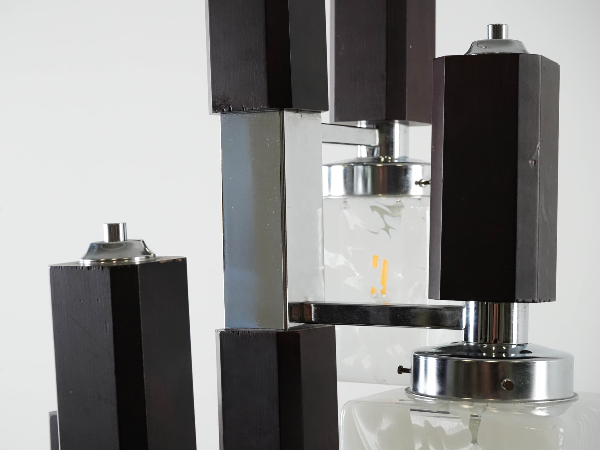 Pendant lamp, milky white glass, dark brown beech, silver chrome steel, Italy, 1970s. - 130995