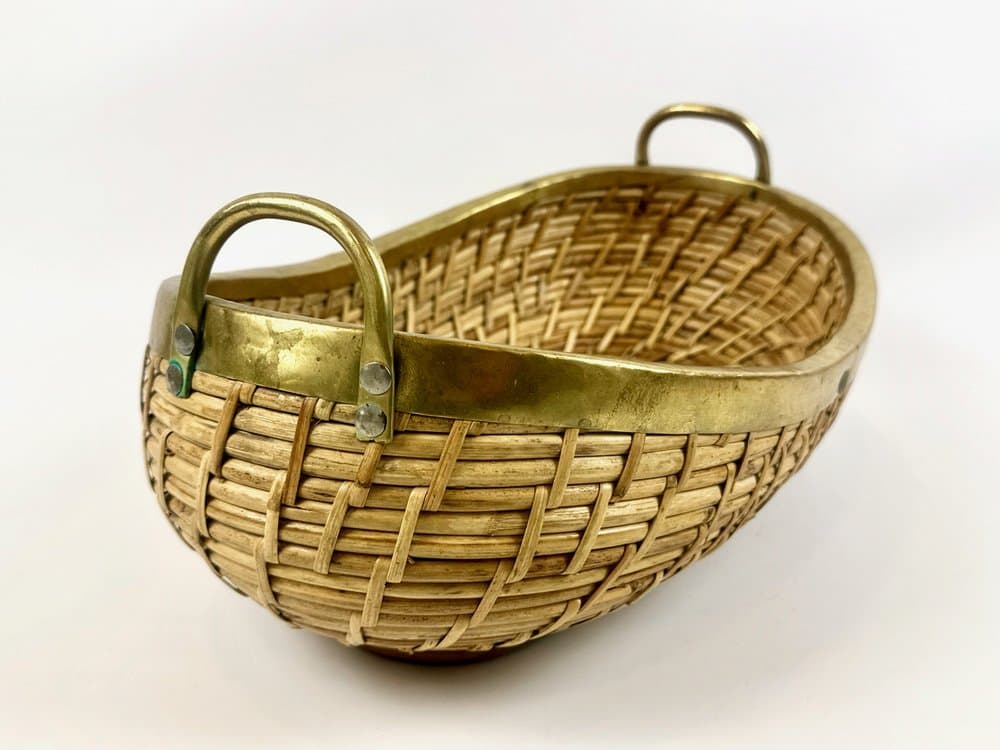 Misa na owoce, rattan jasny, mosiądz złoty, Włochy, lata 70. - 149630