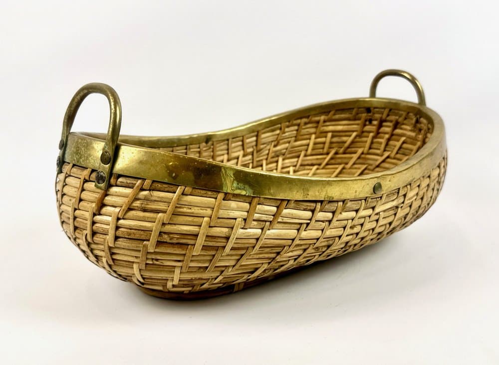 Misa na owoce, rattan jasny, mosiądz złoty, Włochy, lata 70. - 149632