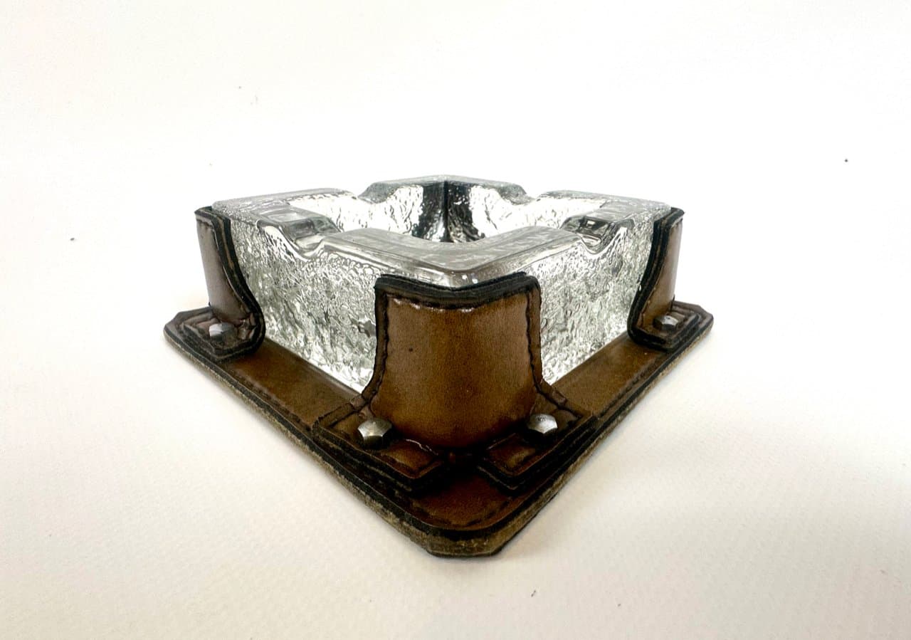Popielniczka, kryształ brązowy, skóra naturalna brązowa, Niemcy, lata 70. - 149820