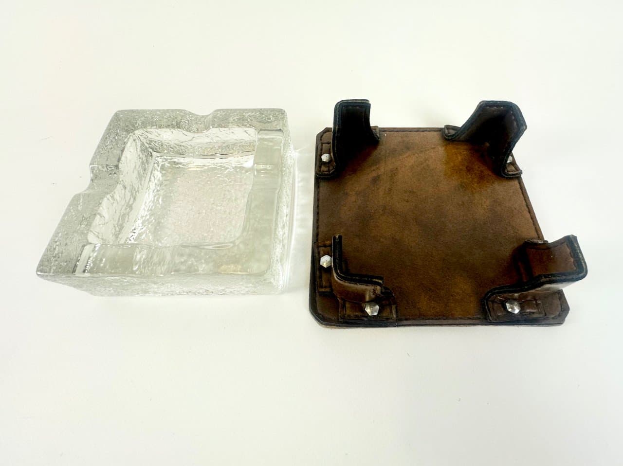 Popielniczka, kryształ brązowy, skóra naturalna brązowa, Niemcy, lata 70. - 149821